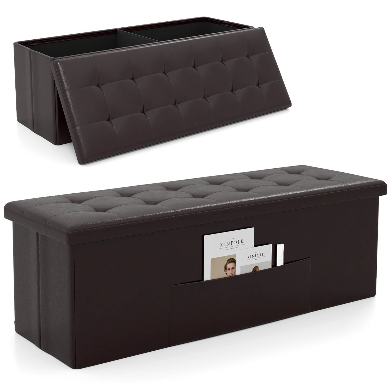 Costway CSHY001799 43 Inches Folding Storage Ottoman Bench with Side Pocket Storage Chest Brown