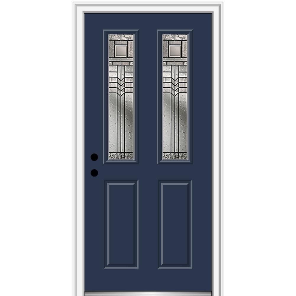 MMI DOOR ZZ3664234R 34-in x 80-in x 4-9/16-in Fiberglass Twin lite Right-hand inswing Naval Painted Prehung Front Door with Brickmould Insulating core