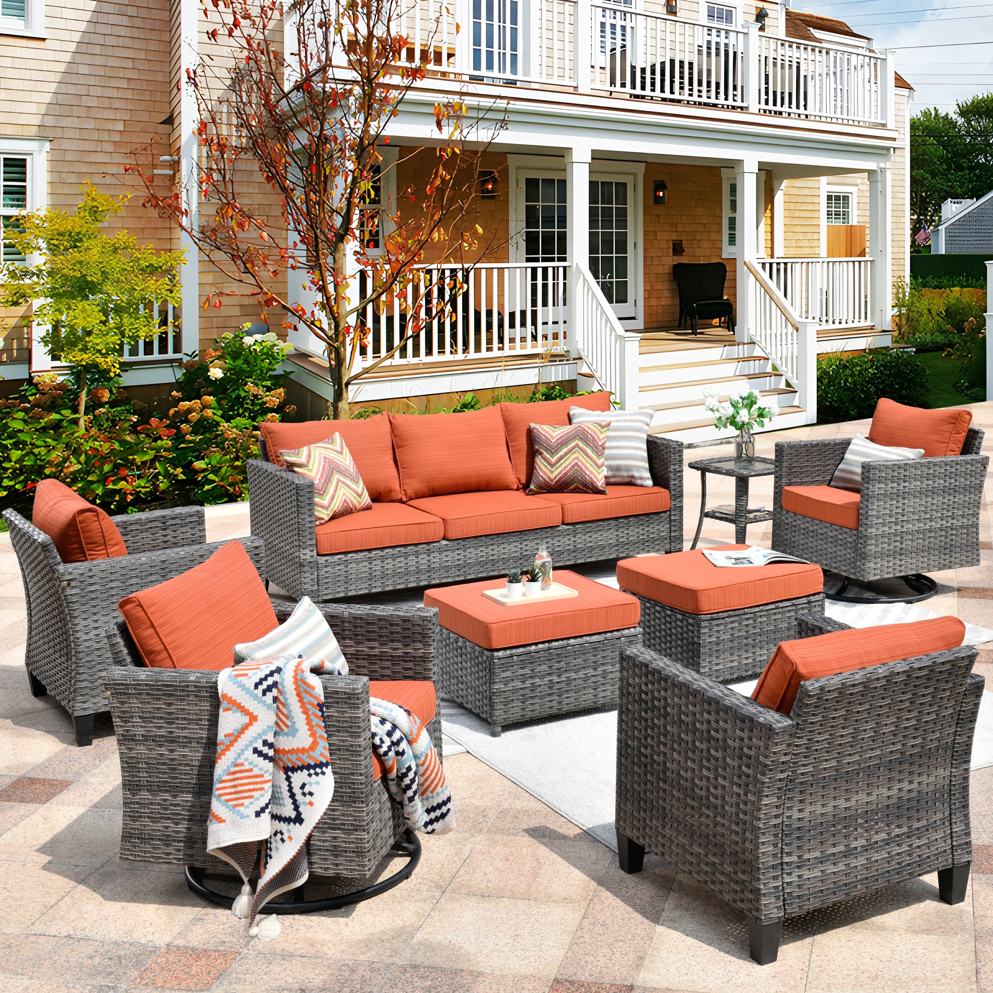 XIZZI Lullaby 8-Piece Rattan Patio Sofa Conversation Set with Orange ...