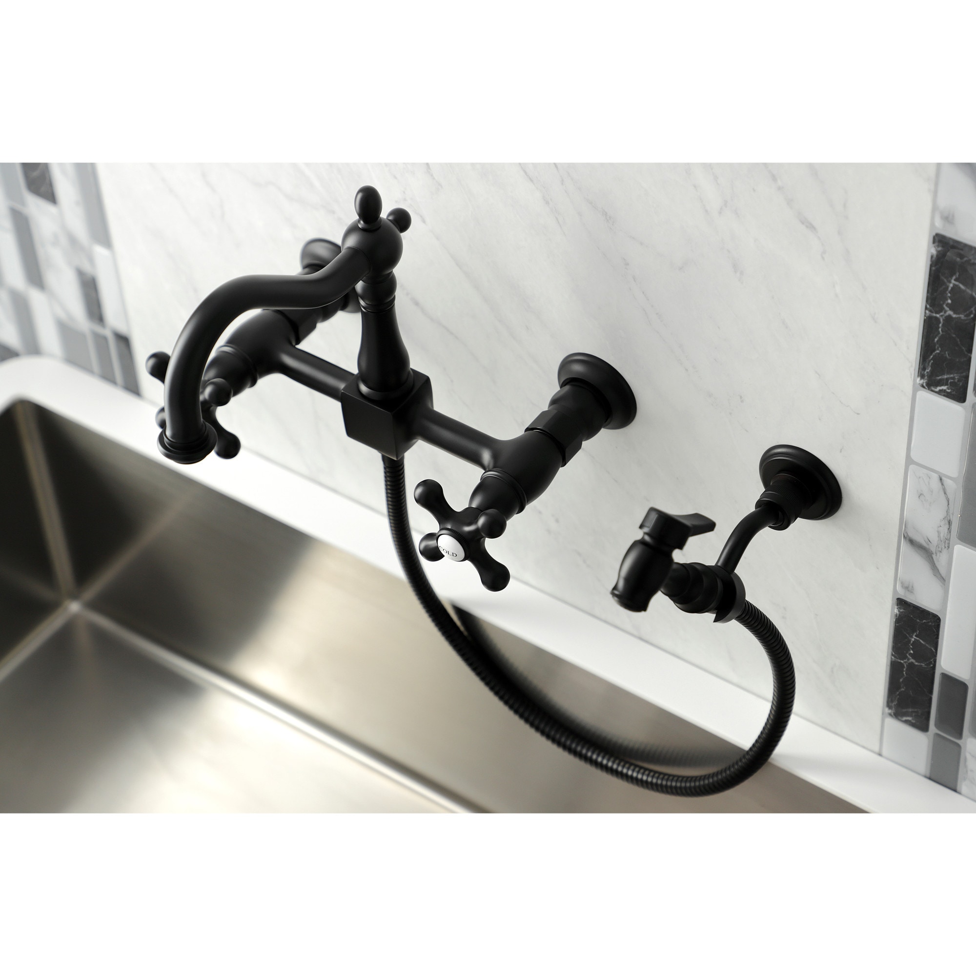 Kingston Brass WLKS1260AXBS Matte Black Double Handle Wall-mount Kitchen Faucet ( Side Sprayer Included )