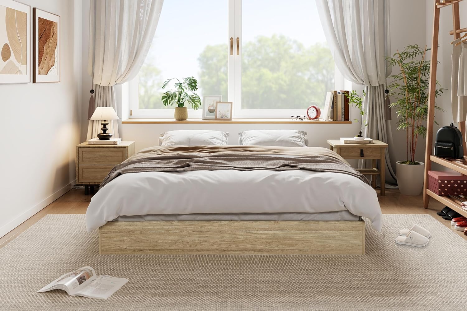 Qeetex DHZ-PHK-33D5MXFF Full Size Solid Wood Platform Bed Frame Sleek Modern Minimalist Floor-Standing Bed Frame with Durable Wooden Slats Noise-Free Floor Bed Frame Easy Assembly for Cozy Guest Room