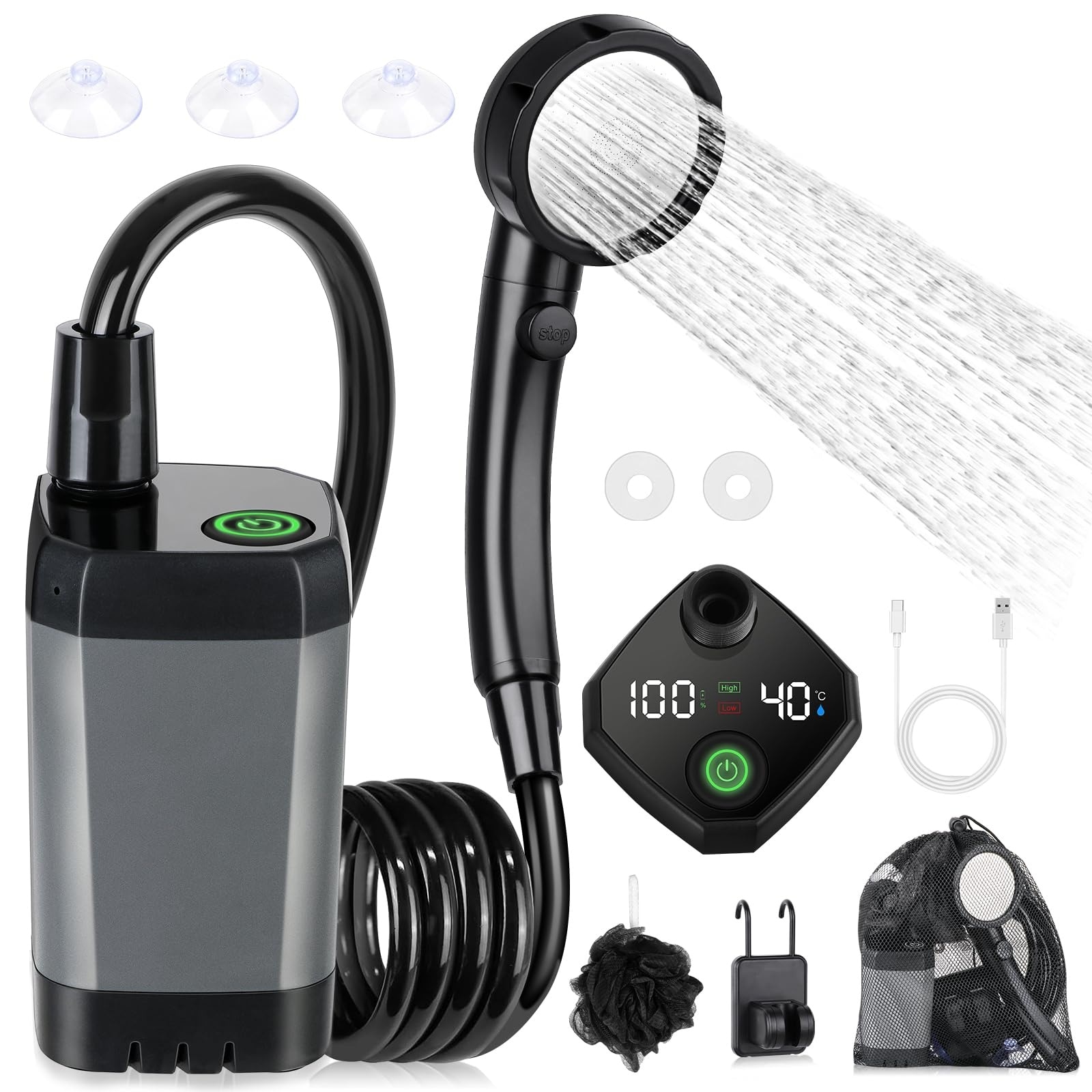 Adrinfly  Portable Camping Shower Kit with Intelligent LED Display 4 Spray Modes IPX7 Waterproof Outdoor Pump for Hiking Travel Car Pet Washing
