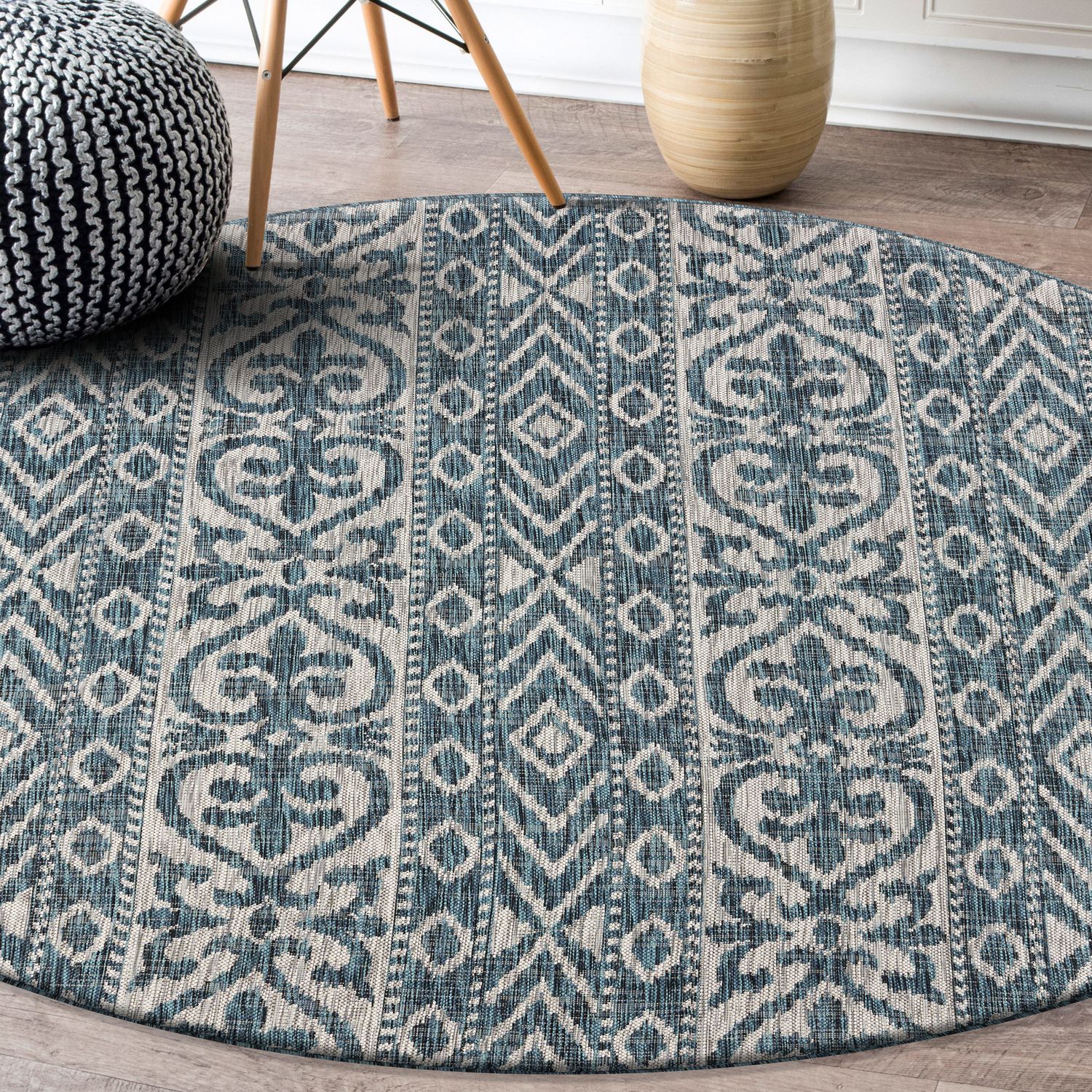 LR Home 3681A2084934J8 7 X 7 (ft) Blue / Green Round Indoor/Outdoor Stripe Area Rug