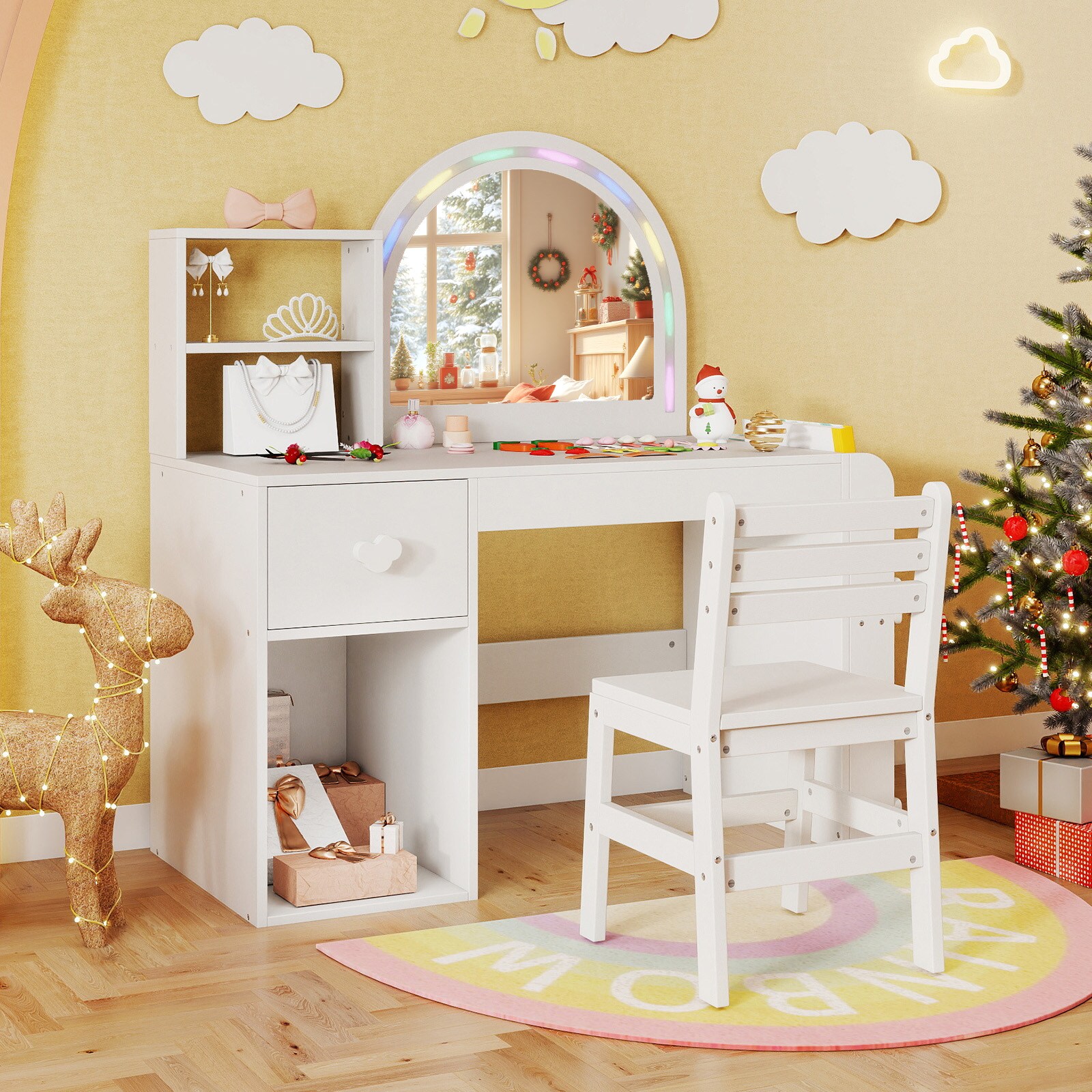 Slickblue 34 Inch Kids Makeup Vanity with Mirror LED Light Strip ...