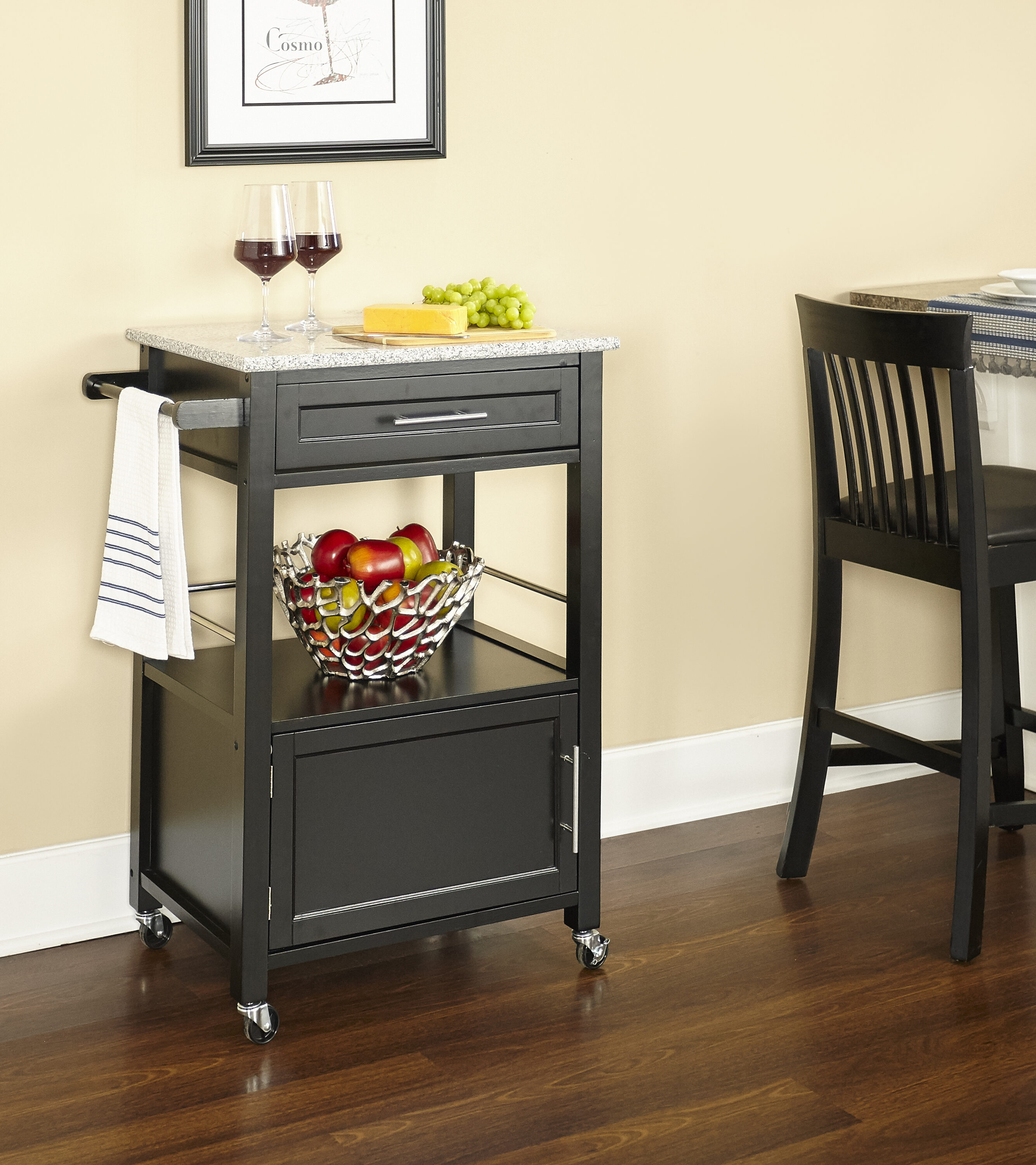 Linon Black Wood Base with Granite Top Rolling Kitchen Cart (18-in x 27 ...