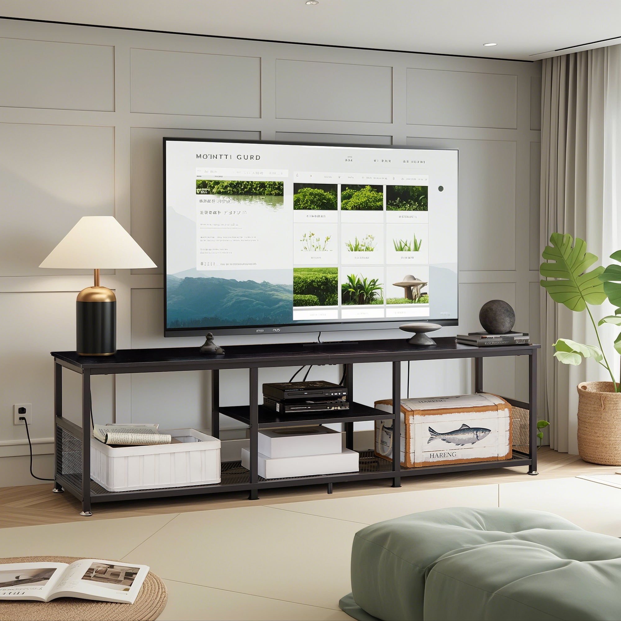 Vecelo - BlackTV Stand with Power Outlet and USB Charging Station Open Storage Shelves TV Console...