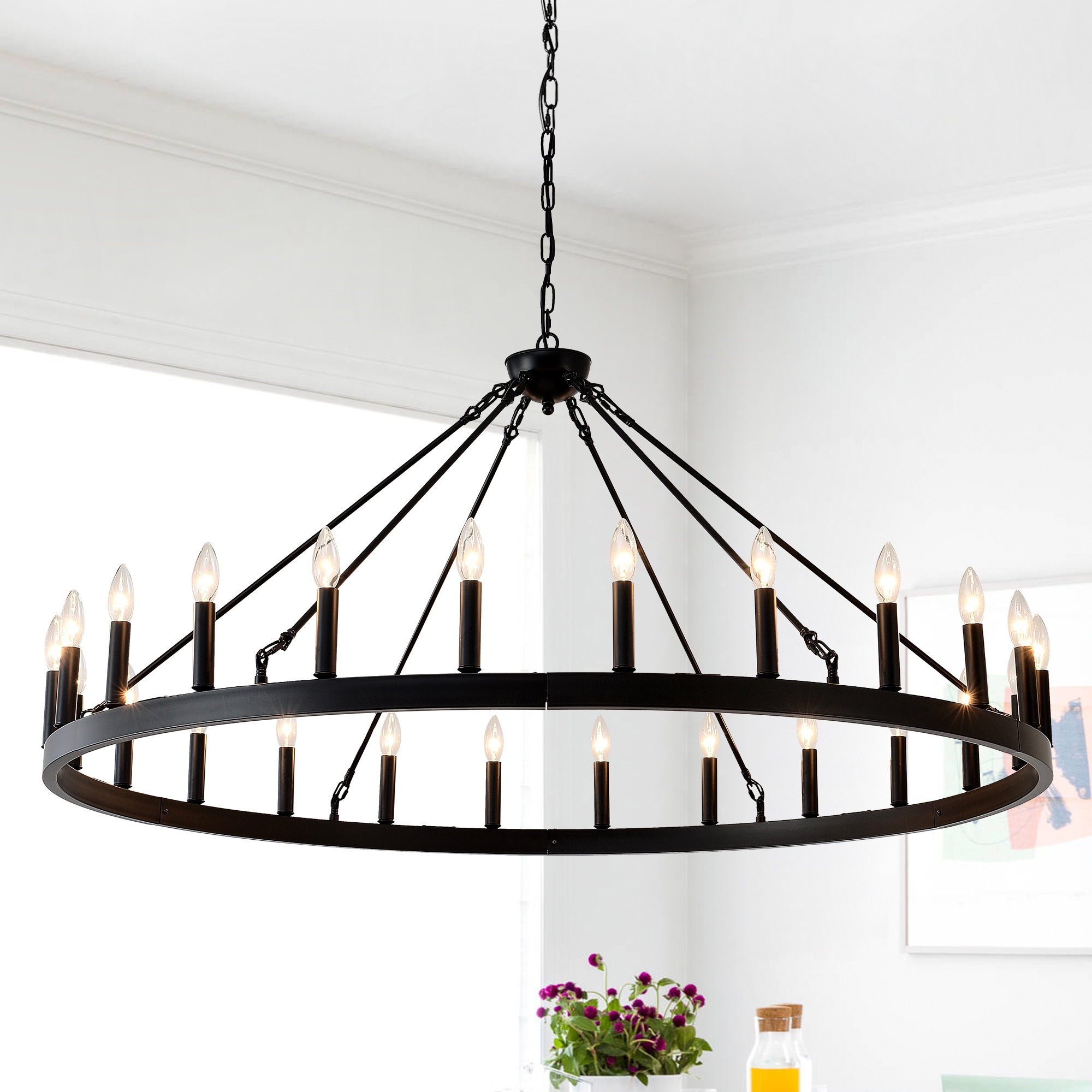 BABOOM Wagon Wheel Chandelier 24 -Light Matte Black Metal Chandelier