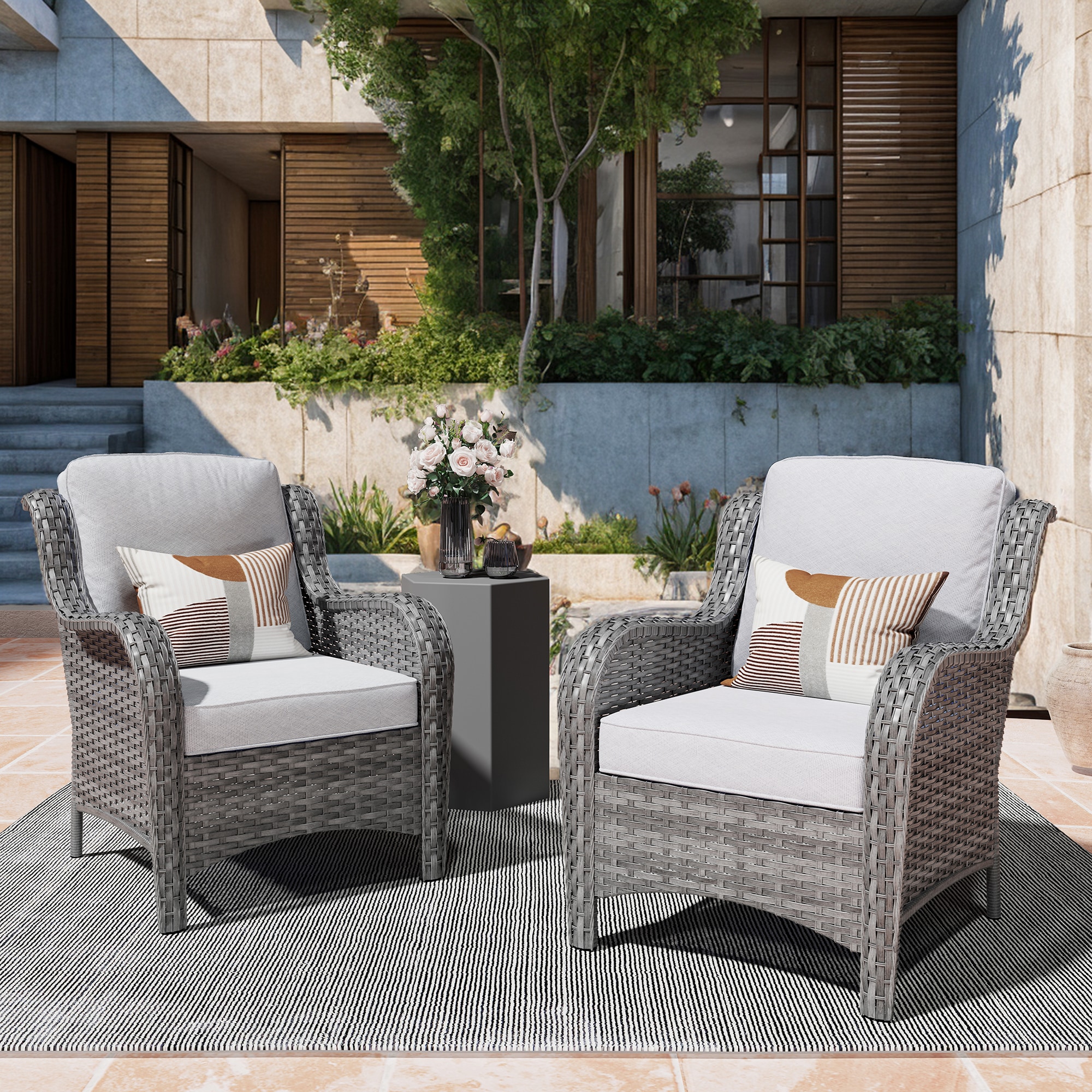XIZZI GXCT40021 Vesta Set of 2 Wicker Gray Metal Frame Stationary Balcony Chair with Gray Cushioned Seat