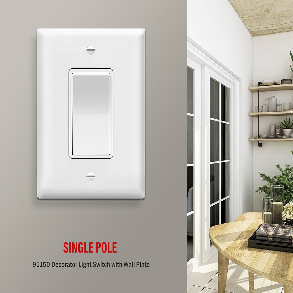 TOPGREENER 15-amp Single-pole Rocker Light Switch with Wall Plate, White 3 -Pack