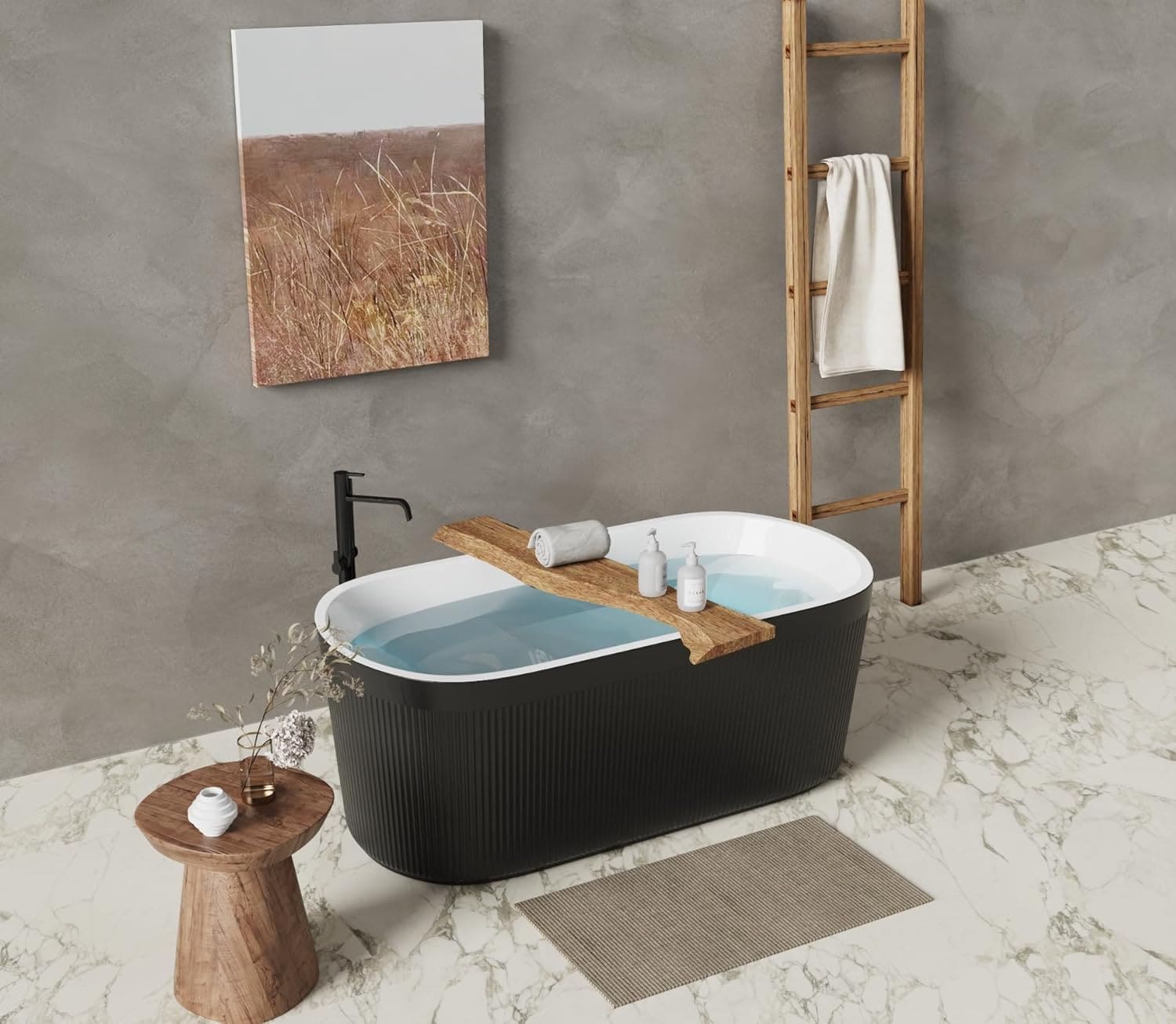 Qeetex PHO14UWMF6Z 59 inch black pleated acrylic freestanding contemporary soaking bathtub with Stainless Steel Pop Up drain and Overflow Option UPC Certified