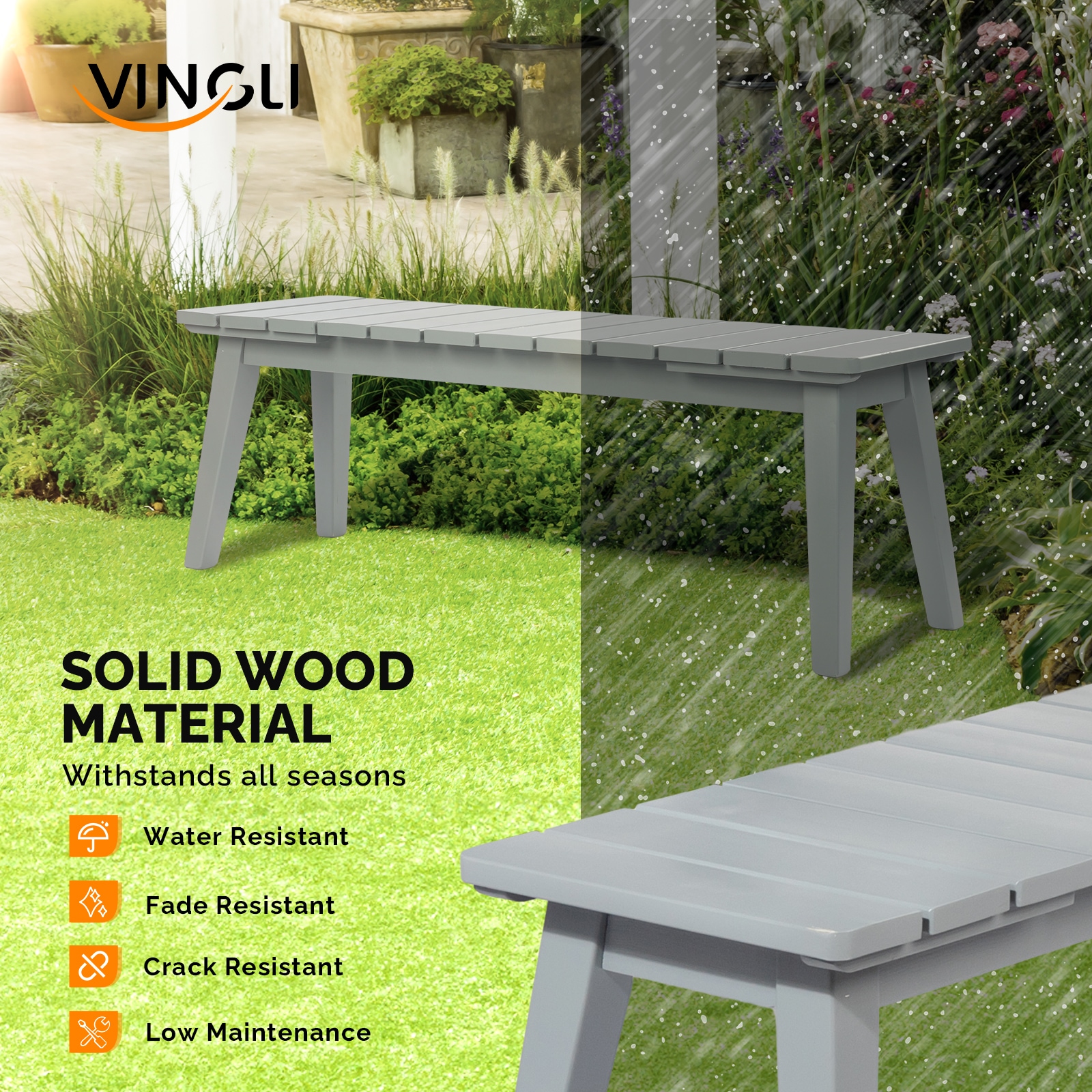 VINGLI 45 Inch Outdoor Backless Dining Bench 2-Person Weatherproof ...