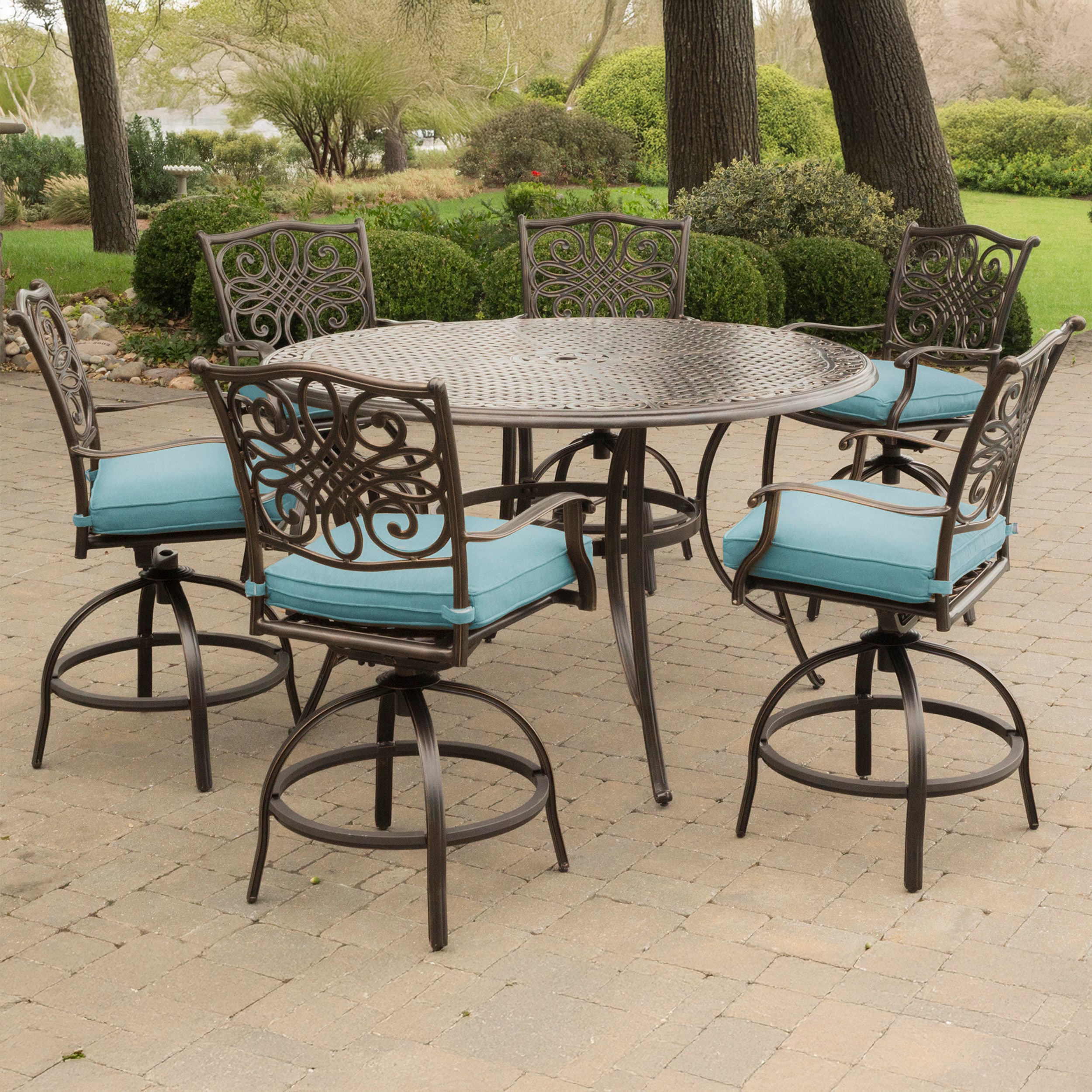 Hanover TRADDN7PCBR-BLU Traditions 7 -Piece Bronze Counter height Aluminum Round Table with 6 Blue Cushions Swivel Chairs