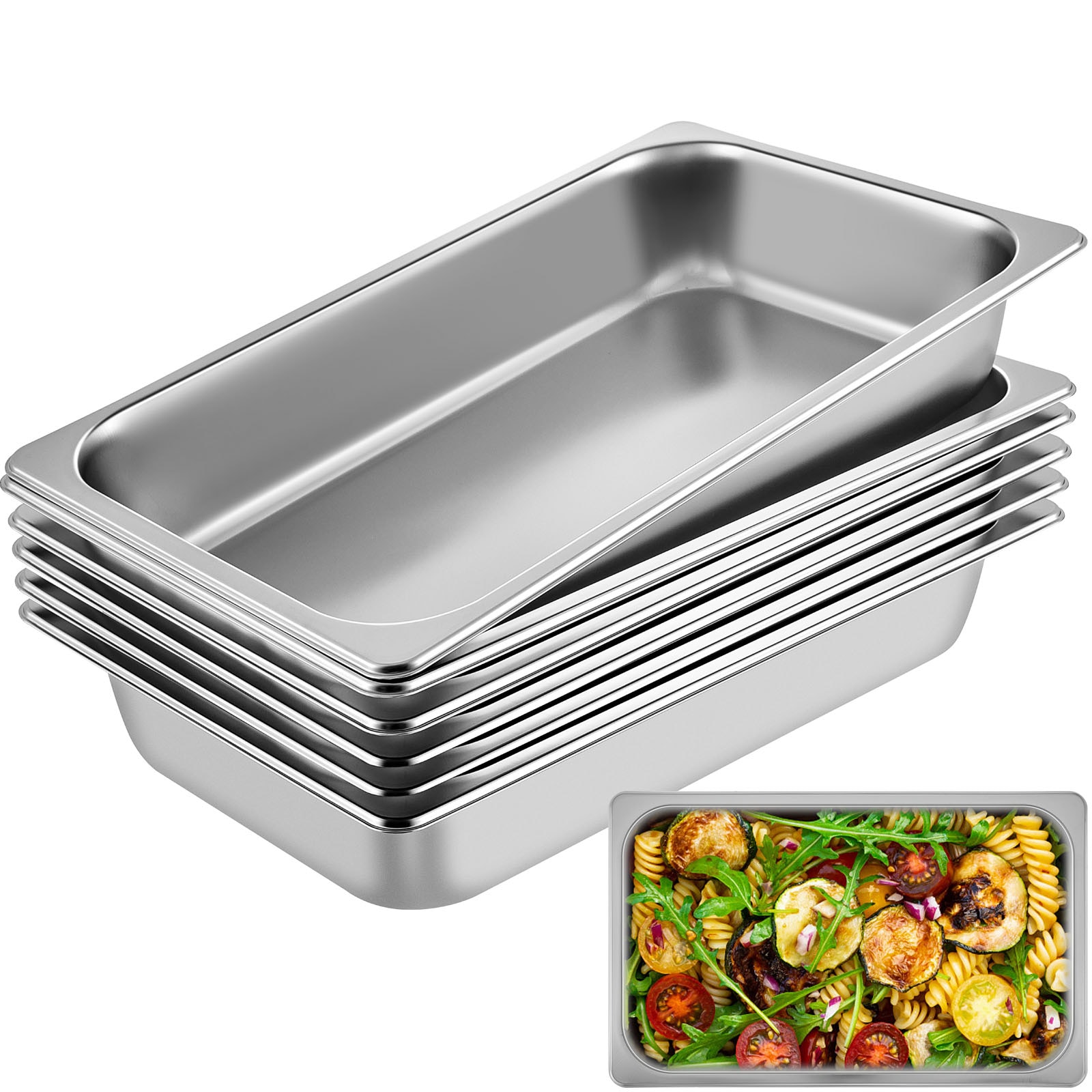 VEVOR SCCP20X12X4Y00168V0 6 Pack Steam Table Pans 20.9 x 12.8 x 3.9 Inch Deep Steam Table Pan Full Size 13L Deep Food Container Stainless Steel Oven Tray Hotel Pans Anti Jam Steam Table Food Pan