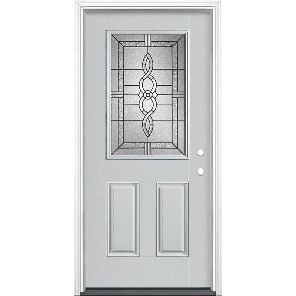 Masonite 997618 Calista 36-in x 80-in Fiberglass Half Lite Left-Hand Inswing Infinity Gray Painted Single Front Door with Brickmould Insulating Core