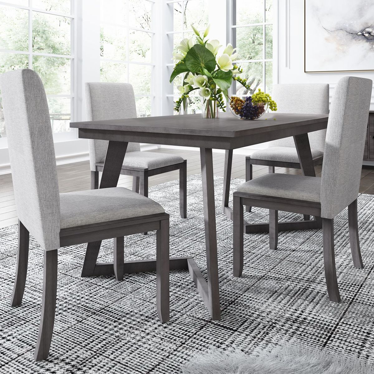 JASMODER SH000133AAE 5-Piece Dining Set, Wood Rectangular Table With 4 Linen Fabric Chairs, Gray