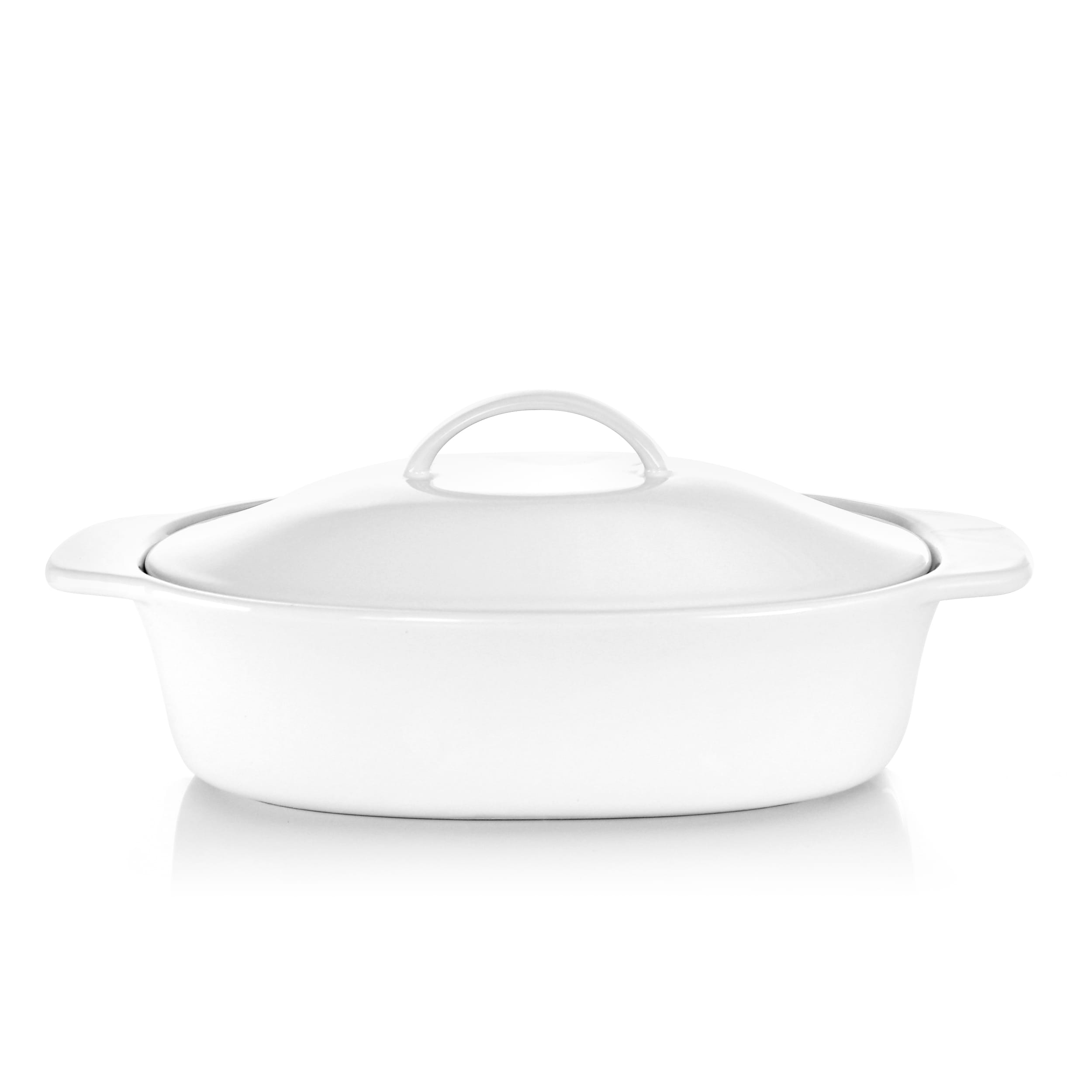 White Ceramic Oval Bakeware with Lid and Black Metal Rack