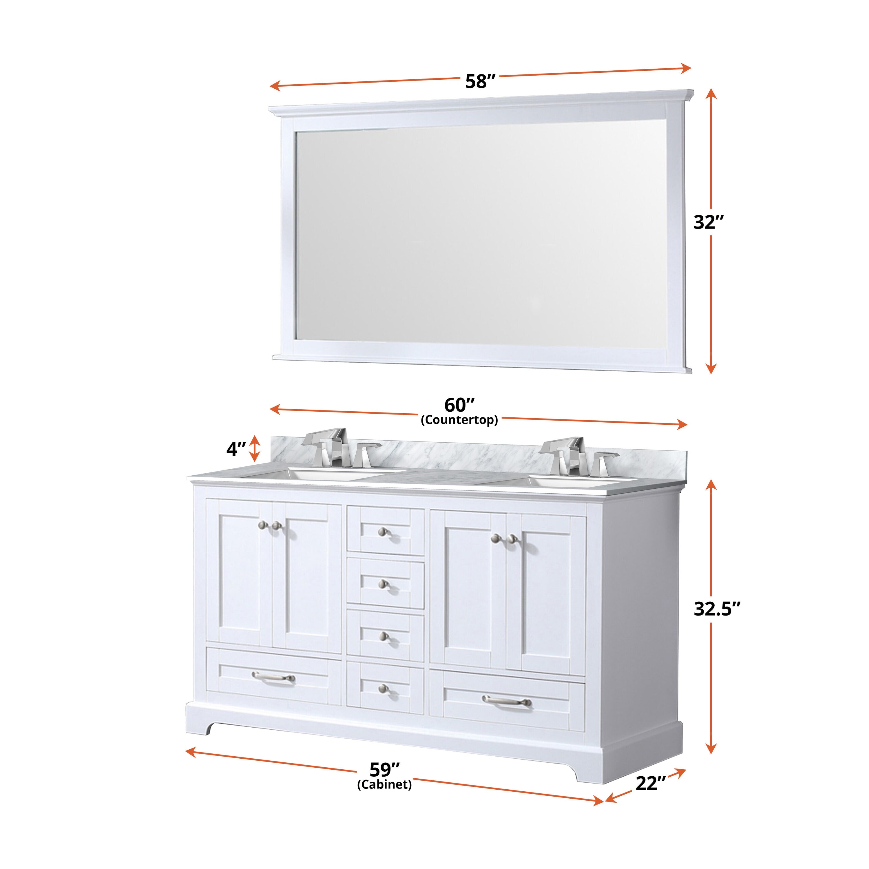 Dukes 60-Inch White Double Freestanding Vanity with Nickel Hardware