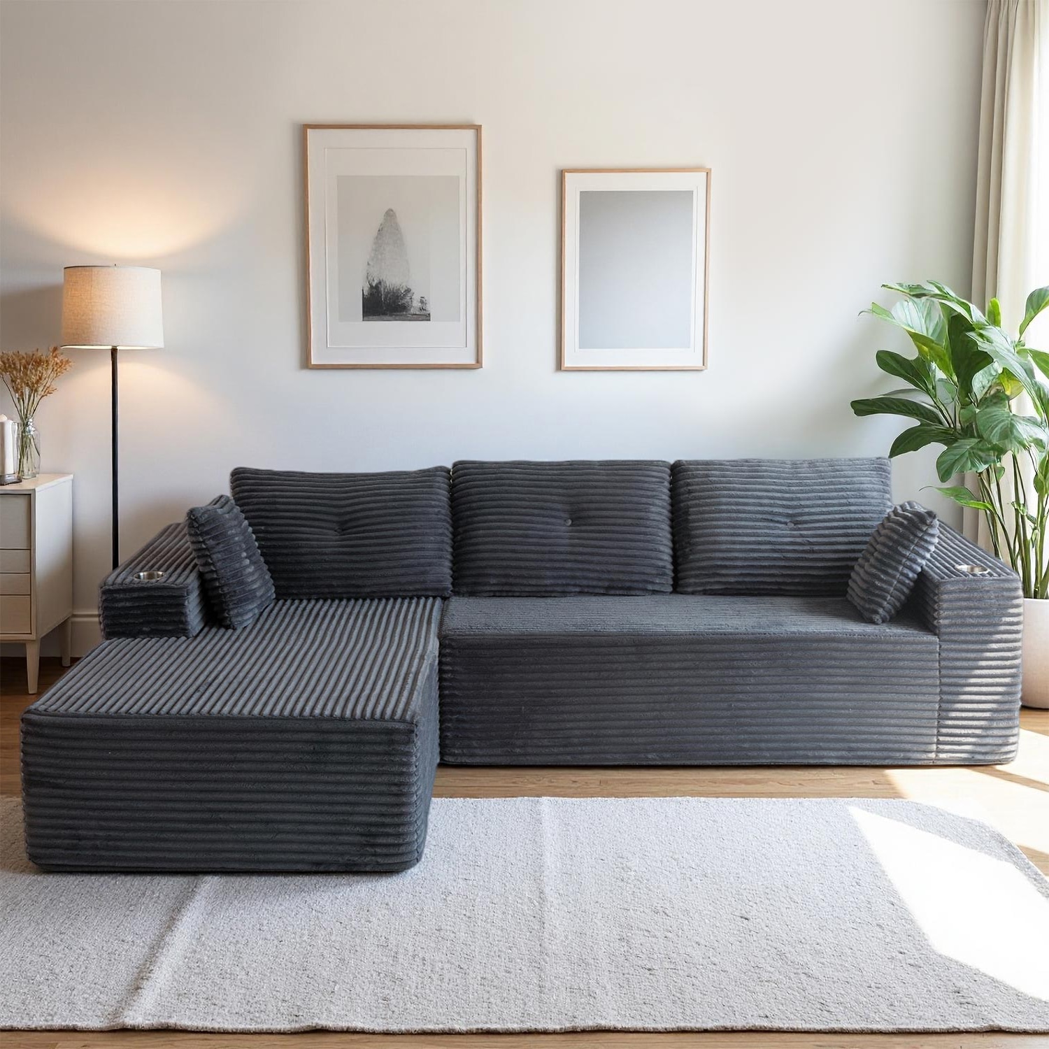 MAXYOYO - 104-in Dark Grey Modular Corduroy Sectional Couch Sofa with L-Shape Left Chaise