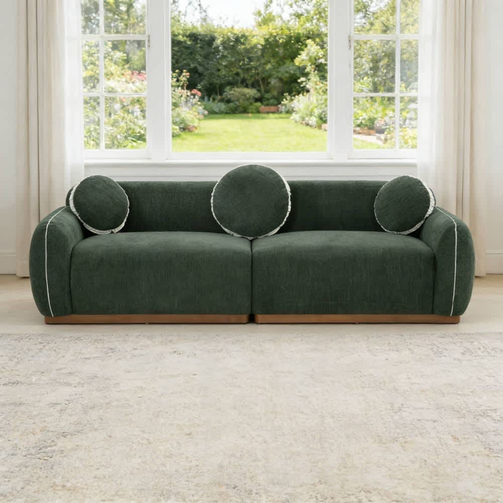 Coolbibila - Modern 91 in Green Fabric Curved Sofa With 3 Round Accent Pillows