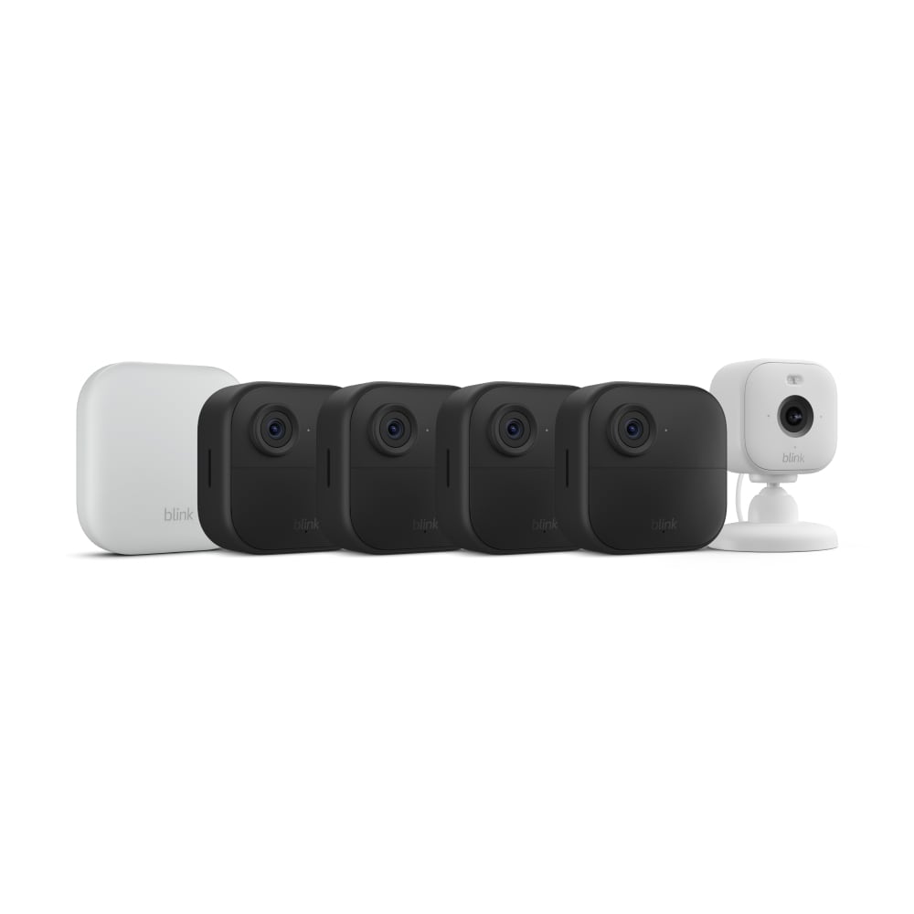 Blink  Outdoor 4 XR - Wireless Smart Security Camera 4-Pack + Mini 2 Plug-in Smart Security Camera, White Bundle (Sync Module Core Included)