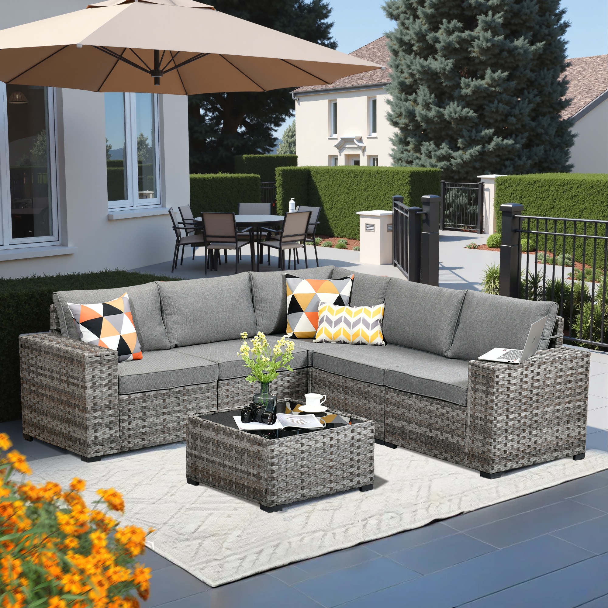 Pouuin SBBR206 Rattan Outdoor Sectional with Dark gray Cushions and Wicker Frame