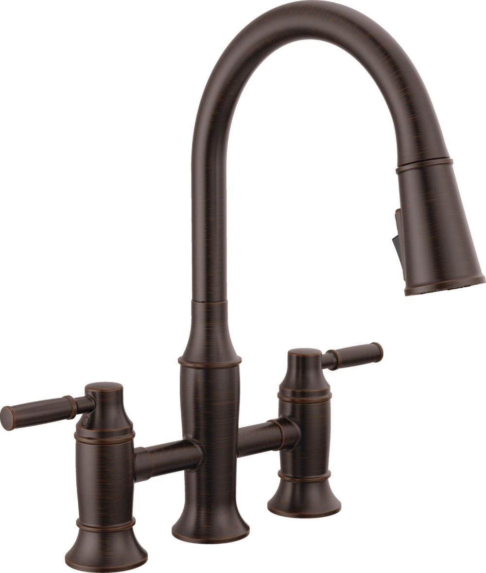 Delta 2384L-RB-DST Renaldi Venetian Bronze Double Handle Deck-mount Bridge Kitchen Faucet with Sprayer