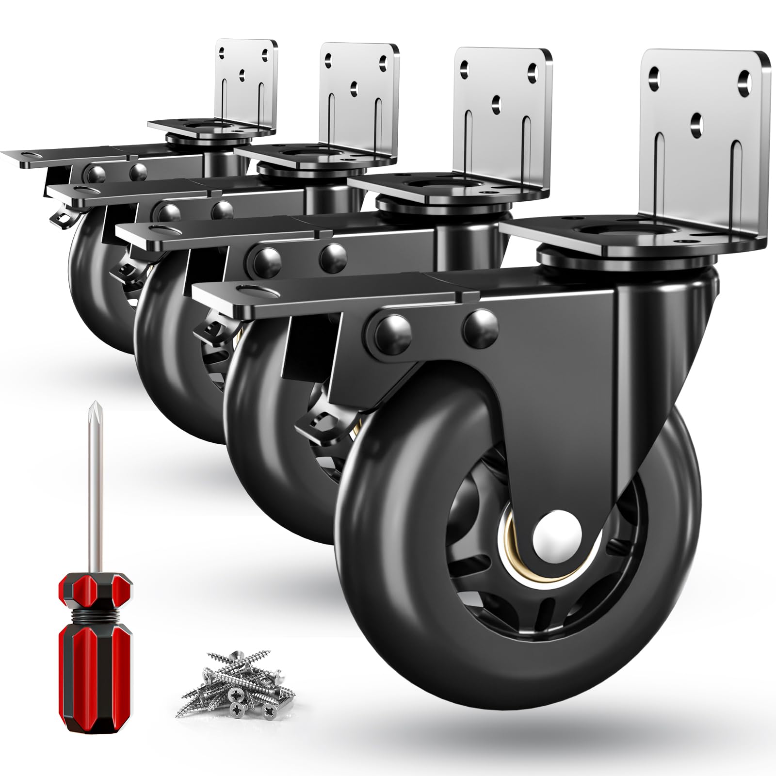 CYIKE  Side Mount Plate Caster Wheels Thickened L Shaped Mounting Heavy Duty 1200 LBS Set of 4 with Brake 360 Swivel Locking Castor Wheels for
