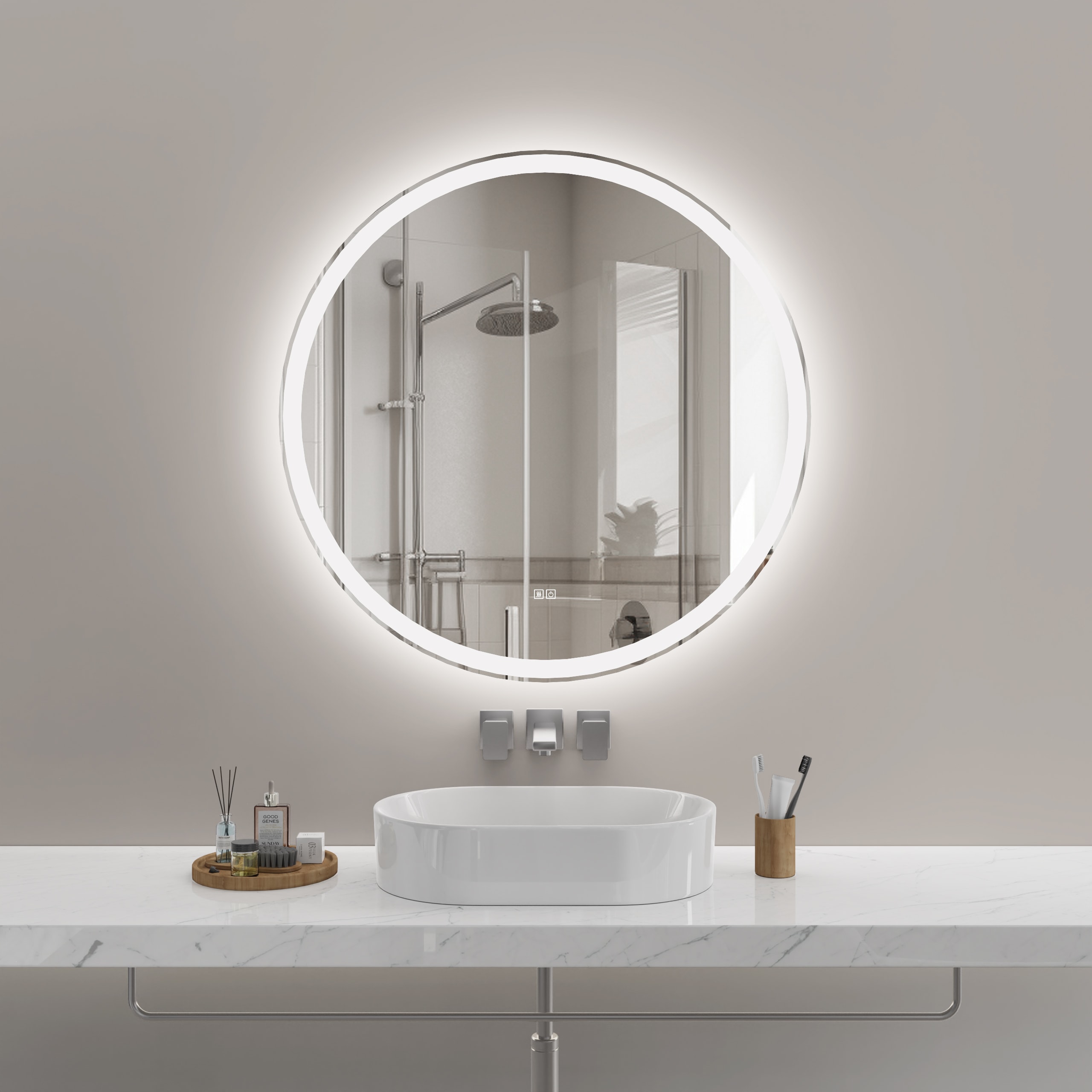 WELLFOR GIS3177P284030 40-in x 40-in Framed Round Dimmable LED Lighted Fog Free Bathroom Vanity Mirror ( Silver )