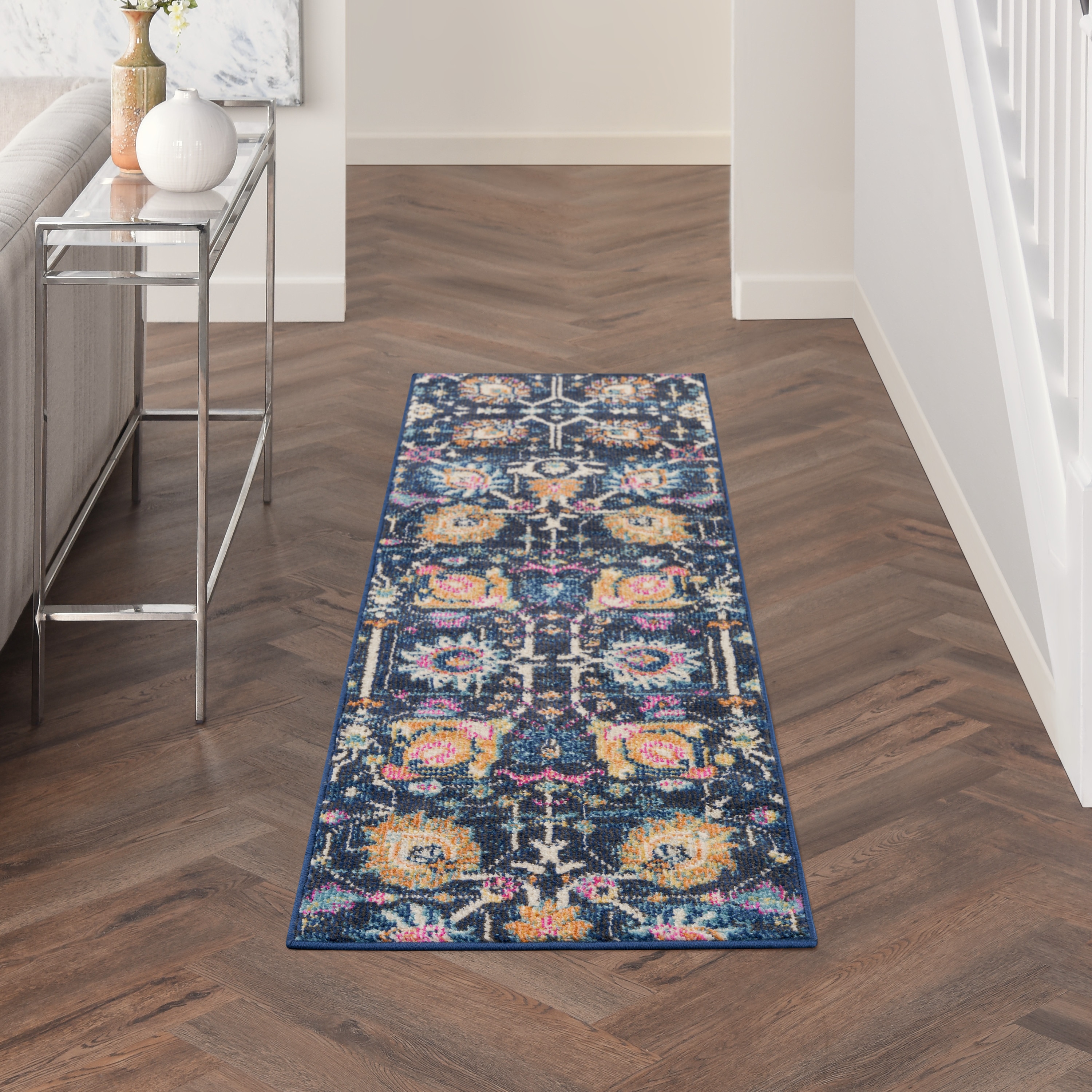 Nourison 099446014740 Passion 2 x 6 (ft) Loomed Polypropylene Navy Rectangular Indoor Floral/Botanical Bohemian/Eclectic Runner rug