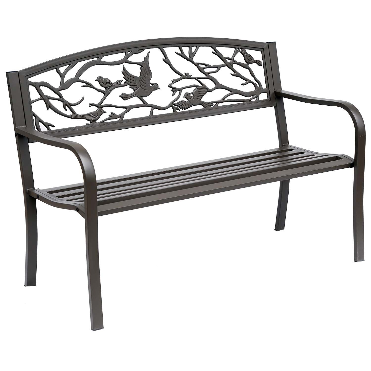 JUSHUA - 50 inch Brown Metal Garden Bench Patio Seating with Backrest Armrests