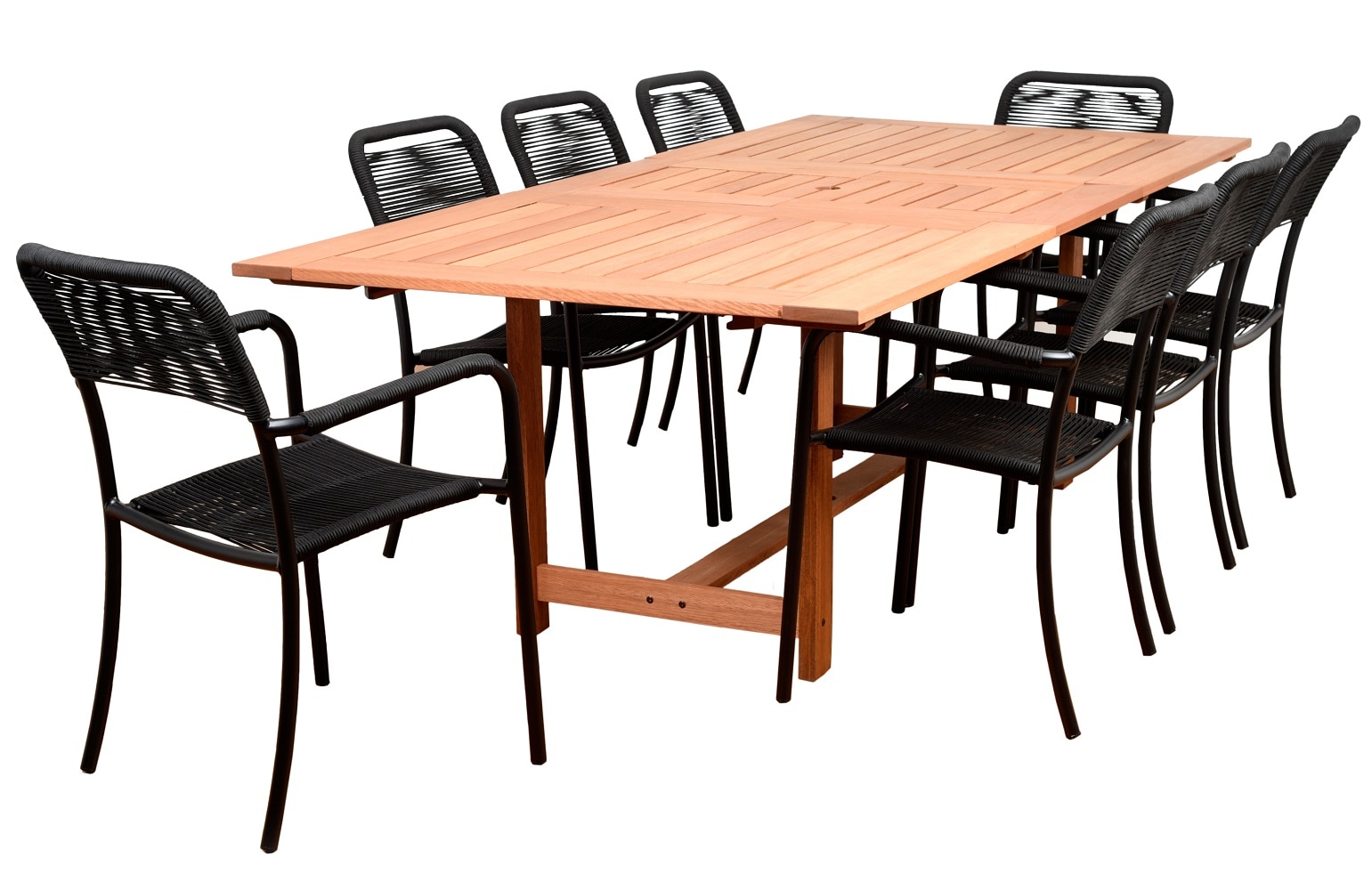 International Home EN-IH-PORTBY9PC Amazonia 9 -Piece Brown Patio Dining Set Extendable Table Wood Rectangle Table with 8 Stackable Stationary Chairs