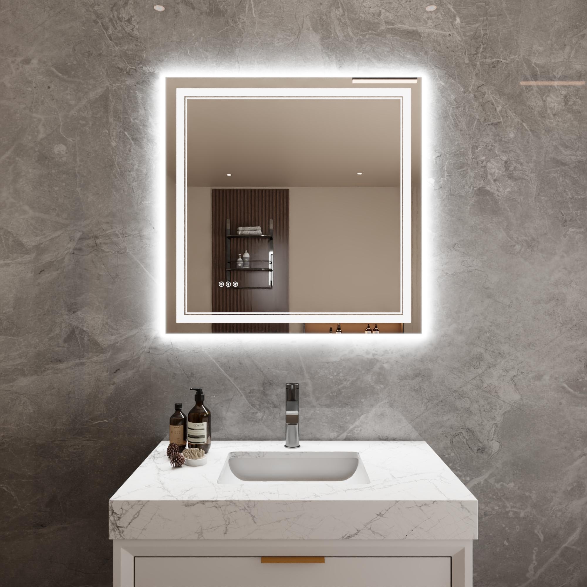 Bayfeve BFXB-10S3636-MIR Modern Multifunction LED Bathroom Mirror 35.83-in x 35.83-in Polished Frameless Square Dimmable LED Lighted Fog Free Bathroom Vanity Mirror ( Silver )