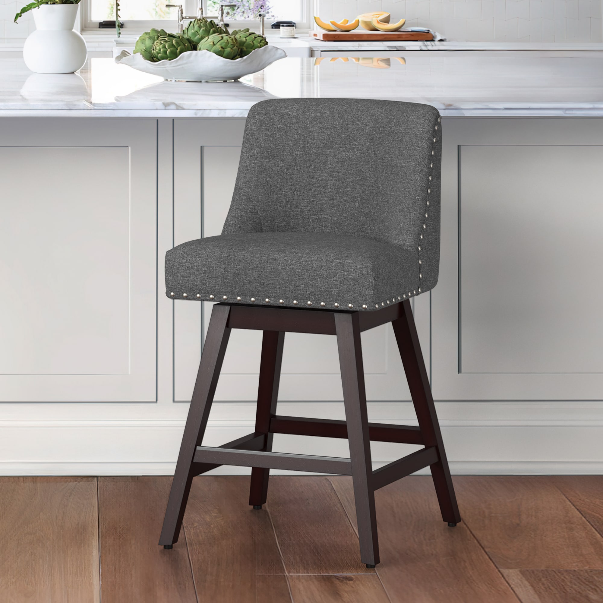 Charcoal Gray 26-in H Counter height Upholstered Swivel Wood Bar Stool ...
