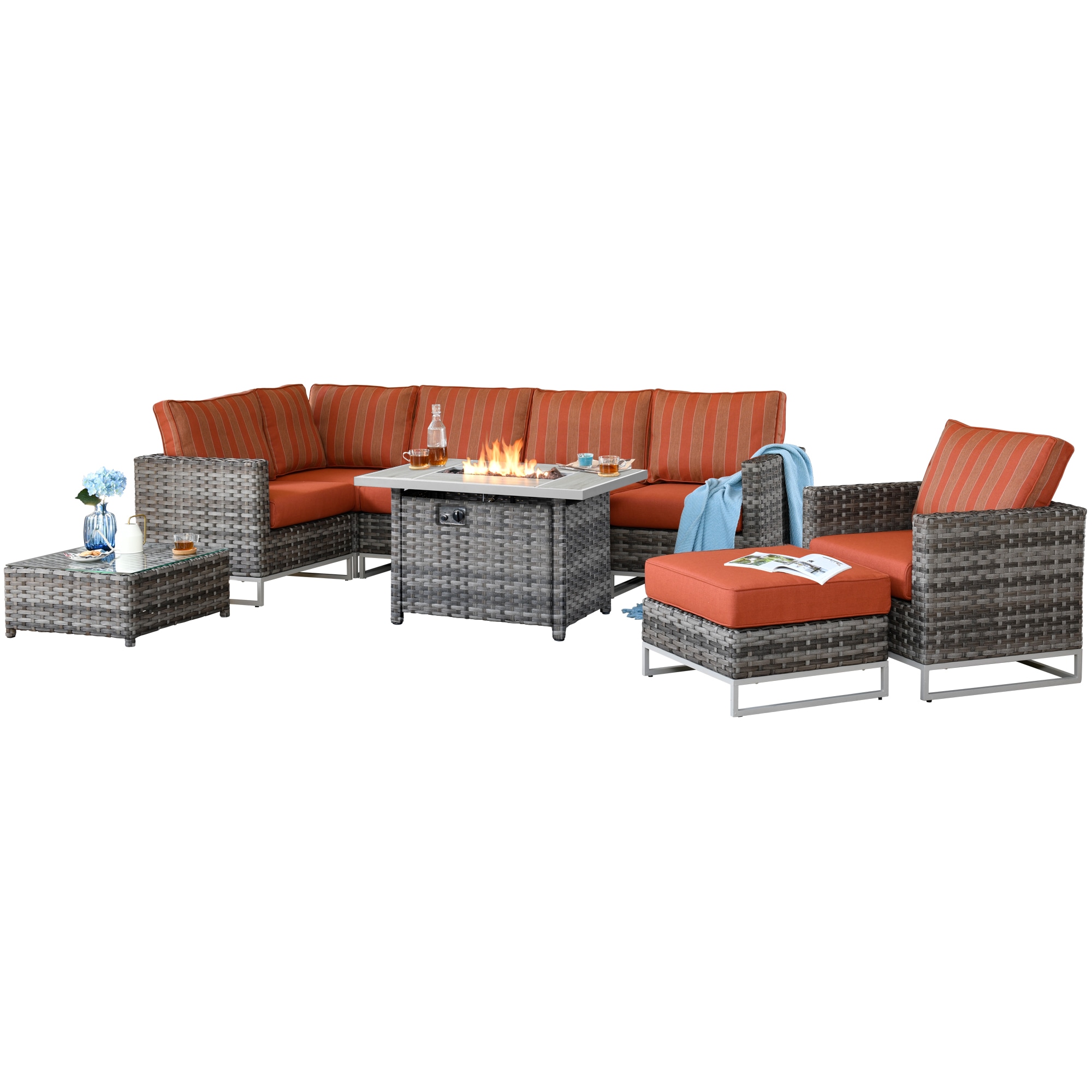 Pouuin SFPGNTC808 8-Piece Rattan Patio Conversation Set with Orange Cushions