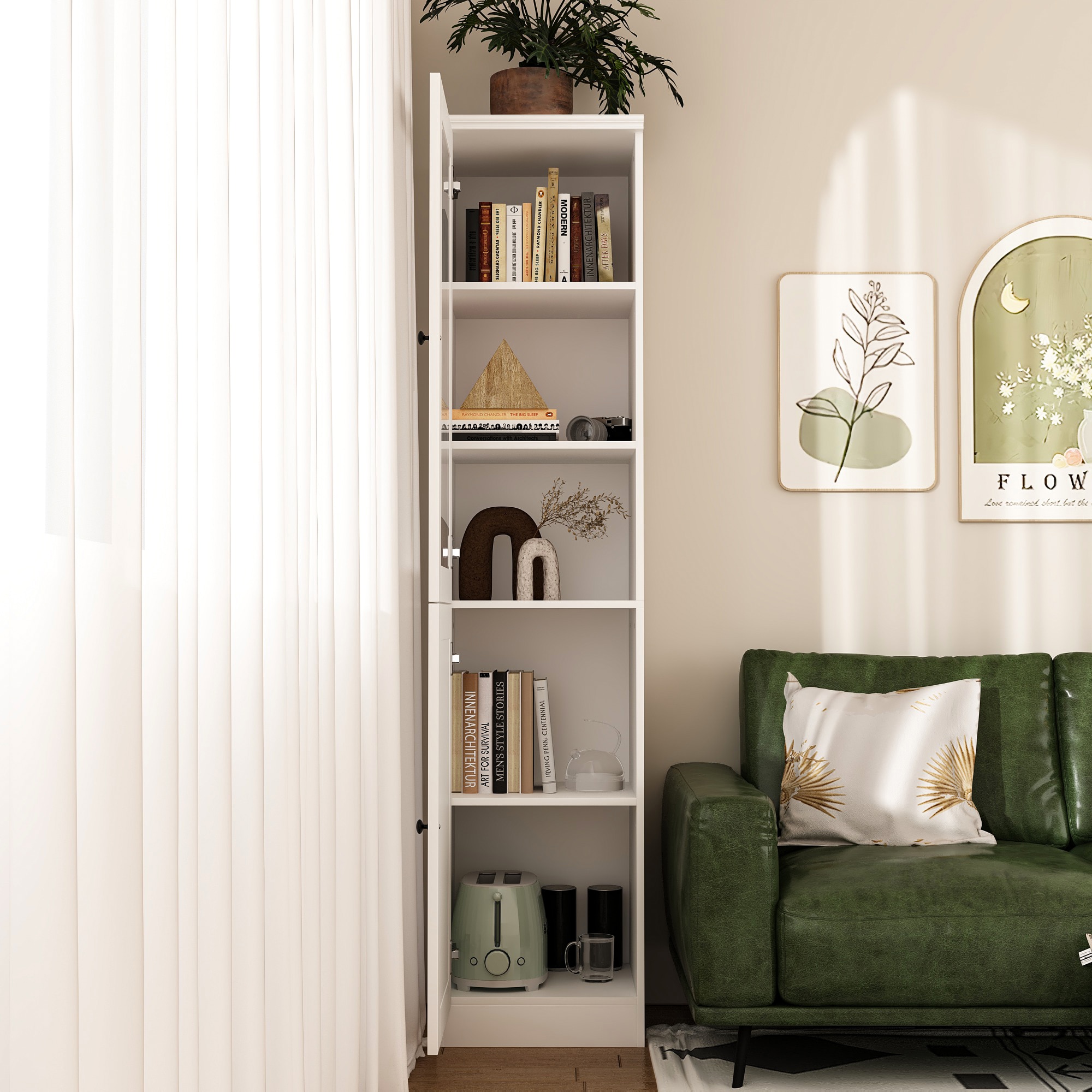 FUFU&GAGA KF210207-01 White MDF 5 -Shelf Bookcase with Doors ( 15.7-in W x 70.9-in H x 15.7-in D ) Finished