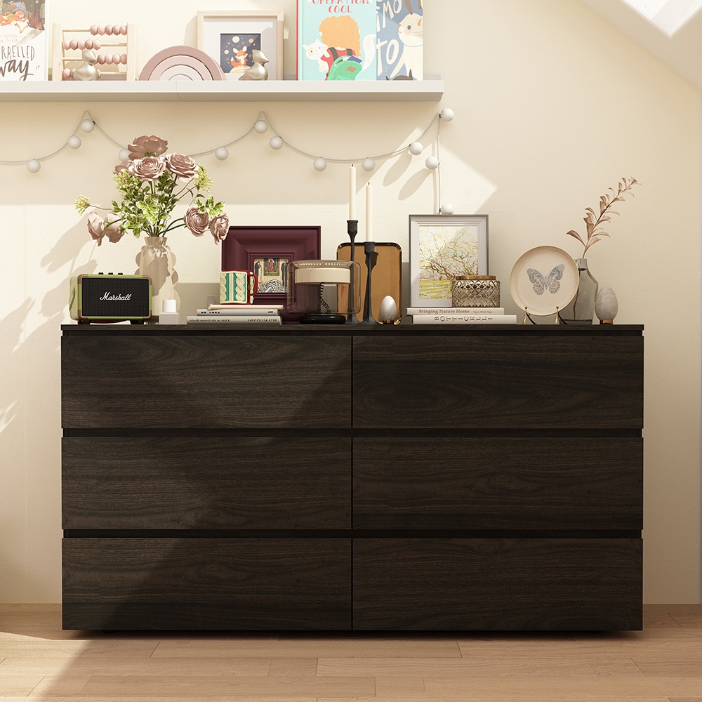 Homsee  6 Drawer Dresser with Spacious Storage and Smooth Sliding Drawers with No-Handles for Bedroom Living Room or Office 63''L x 20''W x 71''H Black Brown