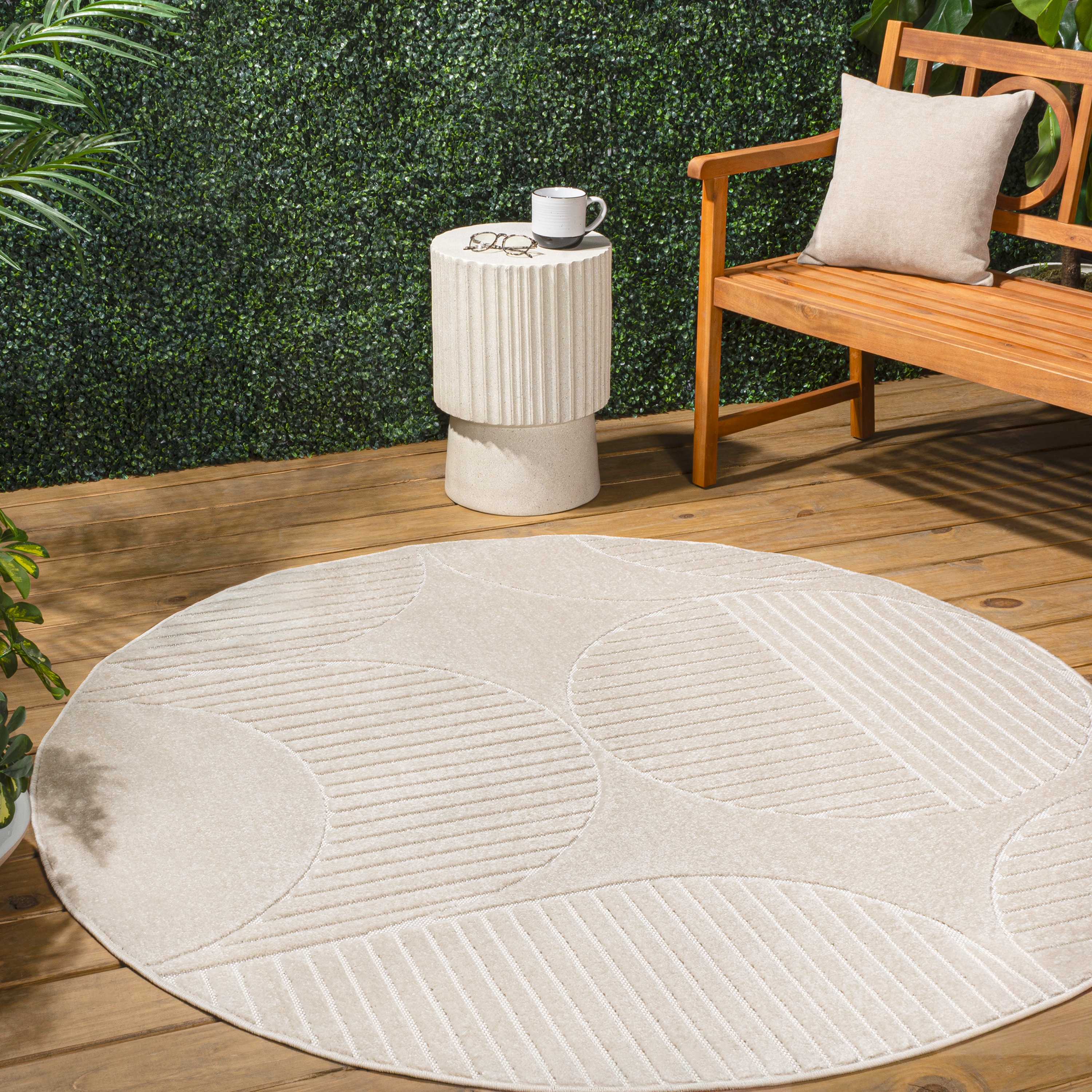 JONATHAN  Y SCN104B-7R SCANDINAVIAN Nordby High-Low Geometric Arch Scandi Striped 7 x 7 (ft) Polypropylene Ivory/Cream Round Indoor Stripe Mid-Century Modern Area rug