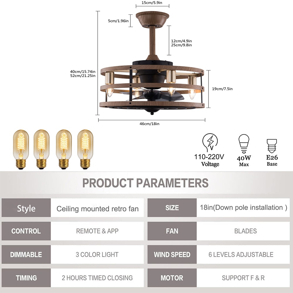 18-Inch Light Brown Caged Ceiling Fan with Remote and Lighting