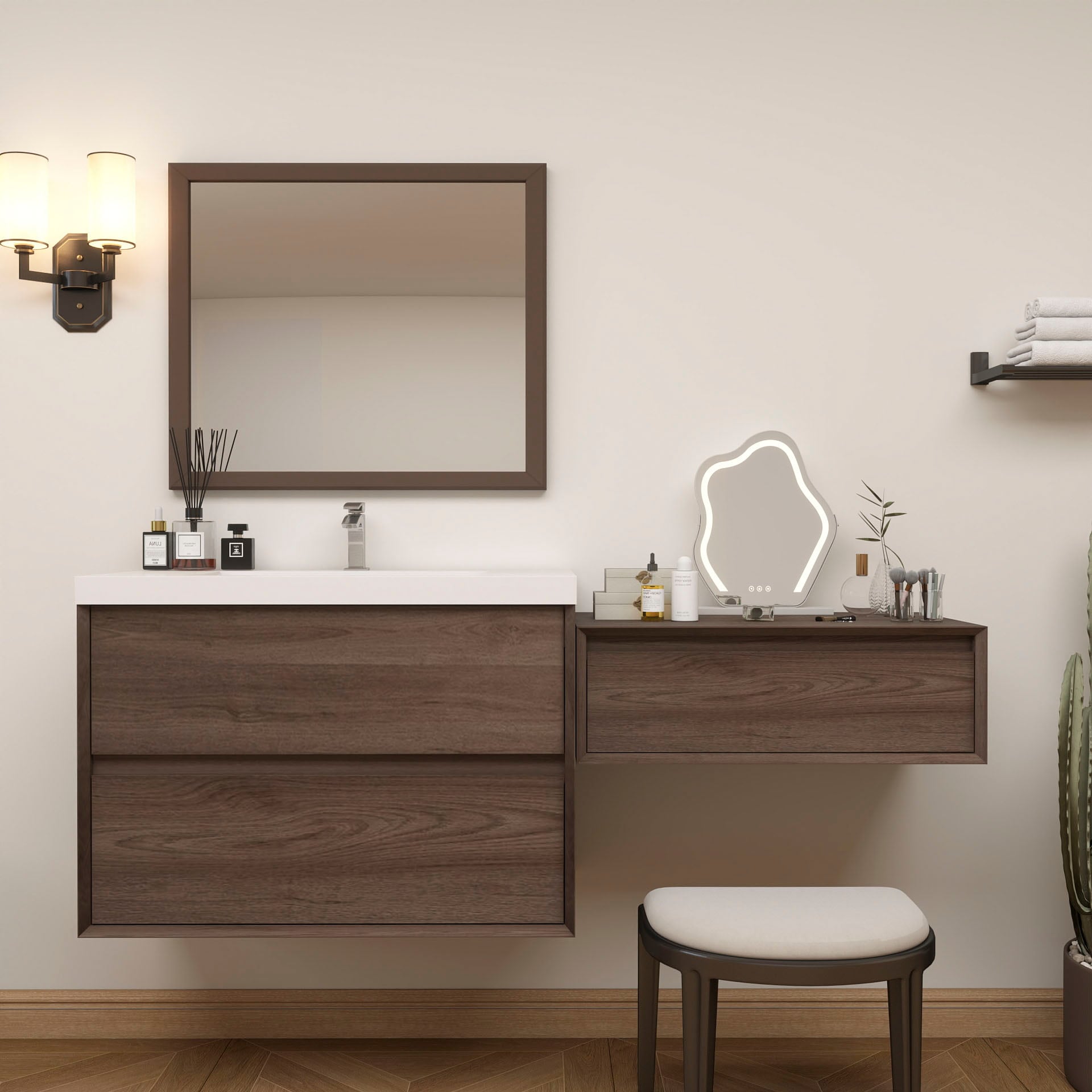 BV Better Vanity SLIM17-36+30-RO Kingdee 66-in Red Oak Single Sink Floating Bathroom Vanity with White Acrylic Top