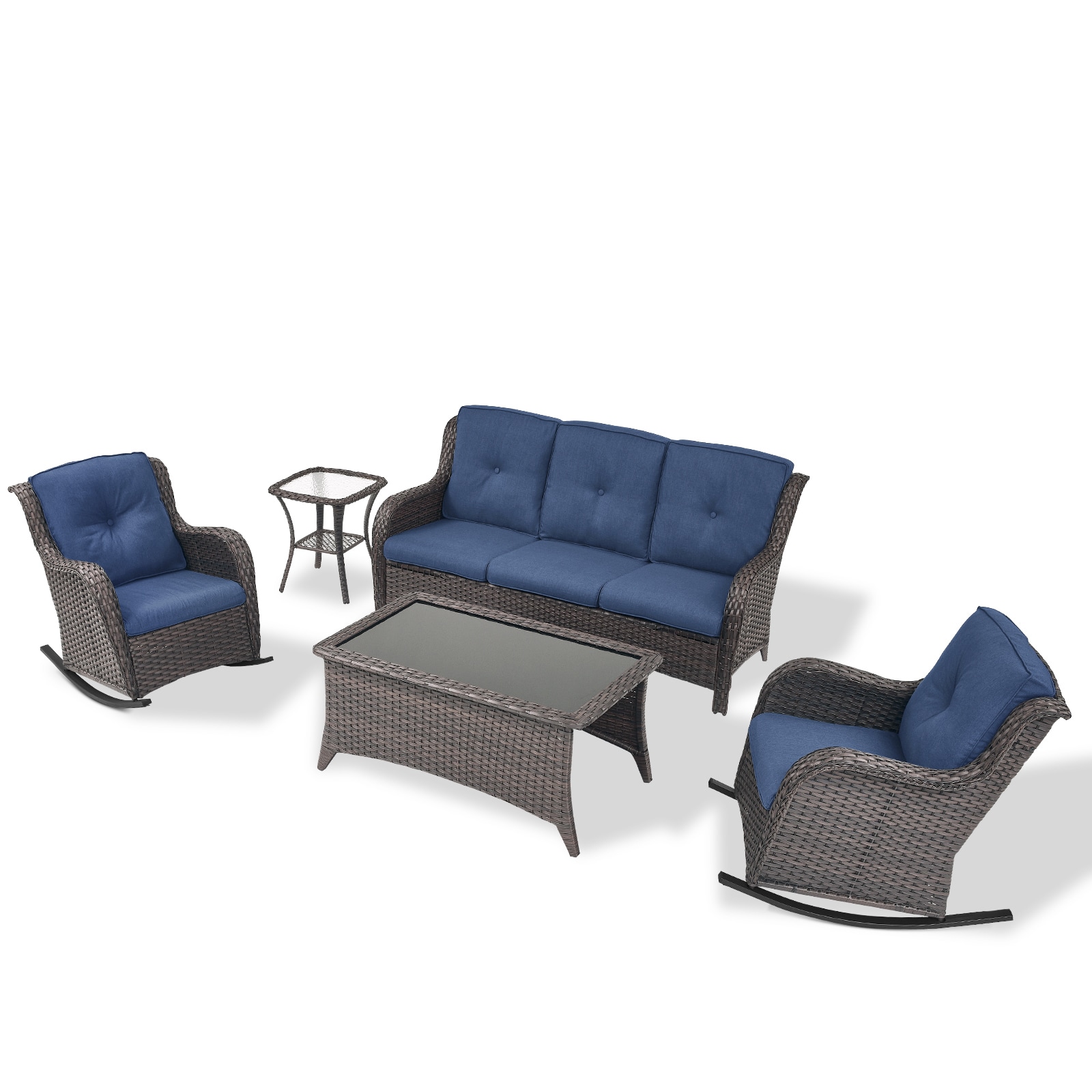 Rilyson FS0131825101-1 Curved handrail 5 -Piece Wicker Patio Sofa Conversation Set with Blue Cushions