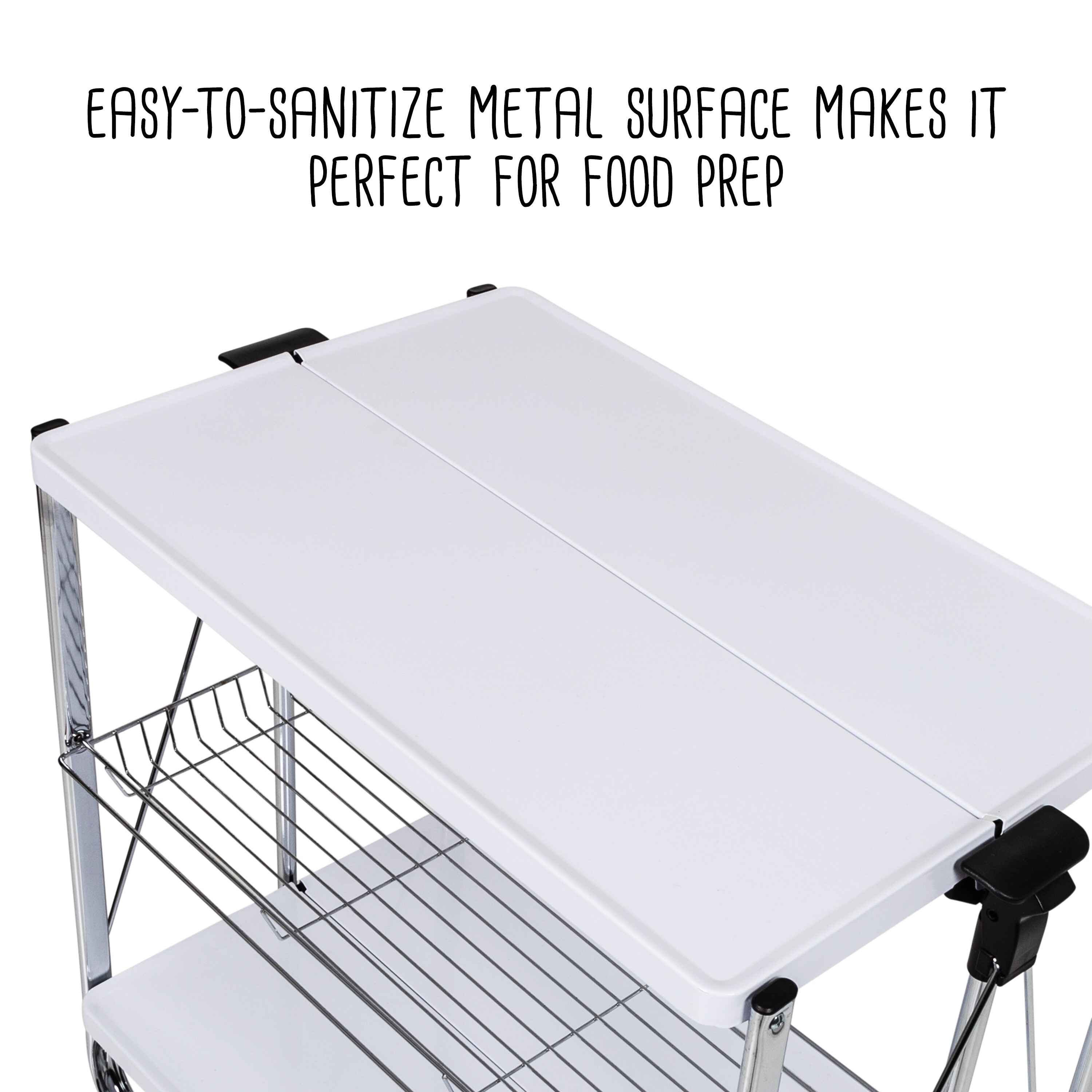 White and Chrome Foldable Kitchen Cart with Storage