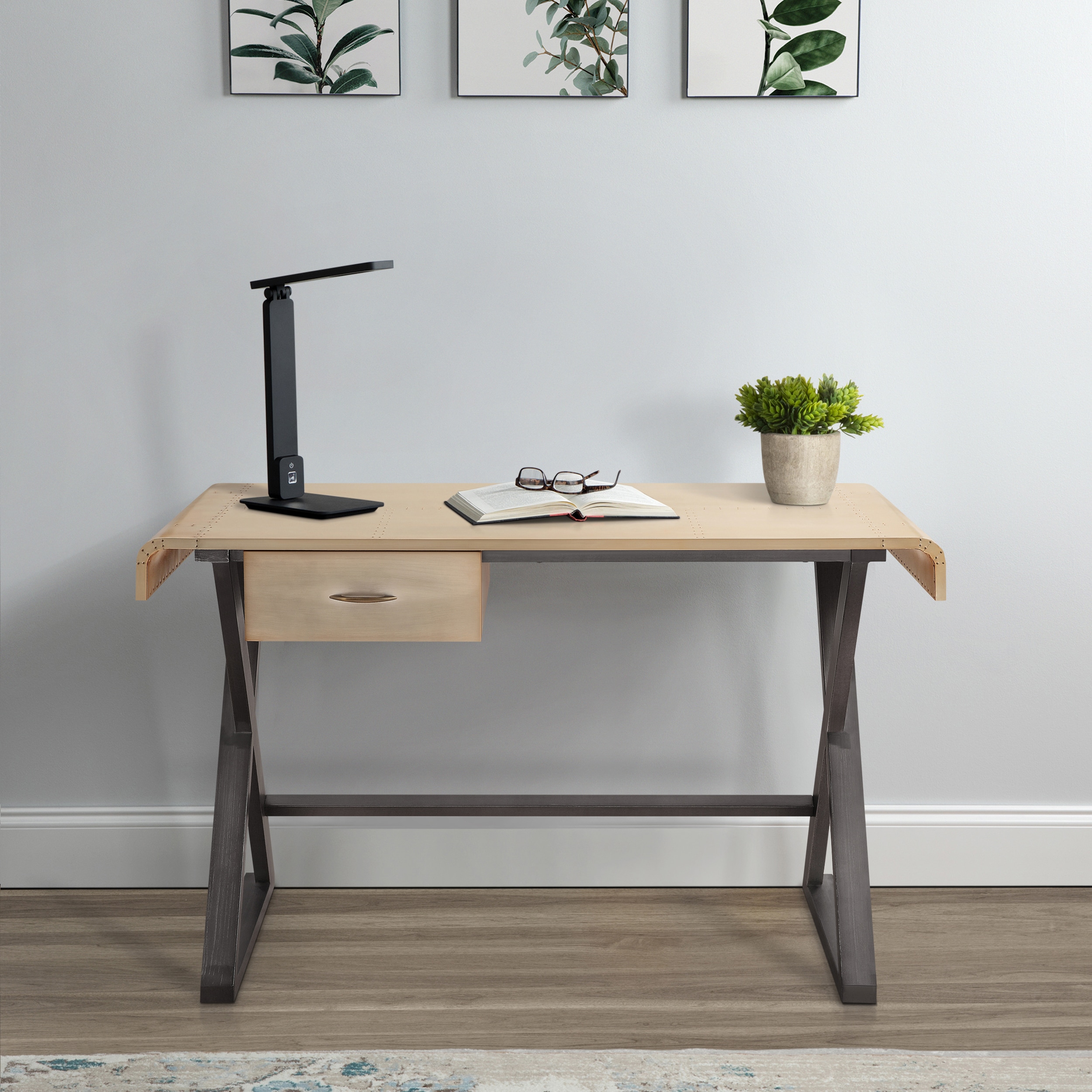 Tinyhomie Gold Aluminum and Grey Writing Desk with X Shape Metal Base
