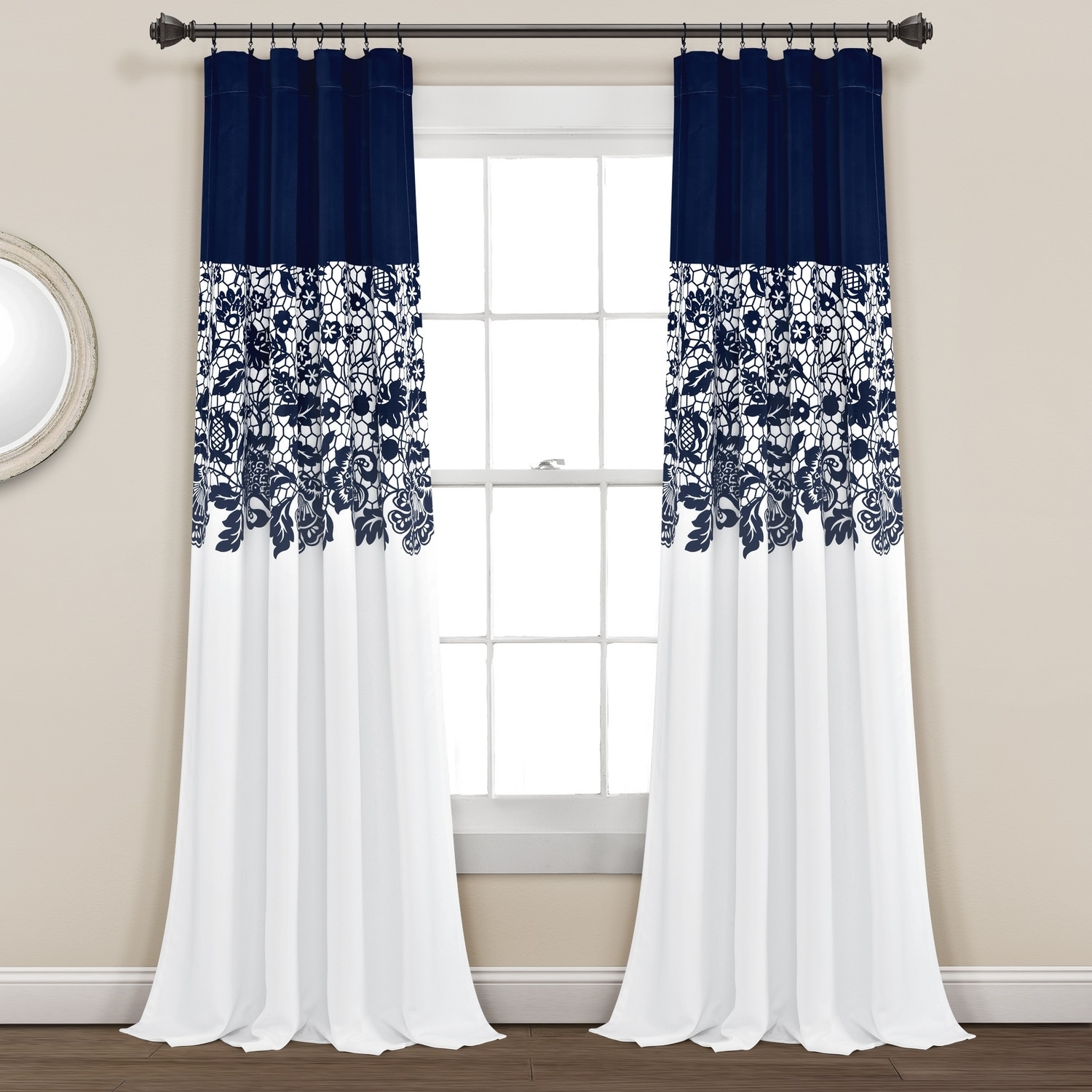 Lush Decor 16T005365 84-Inches Navy Floral Light filtering Rod pocket Curtain panel pair