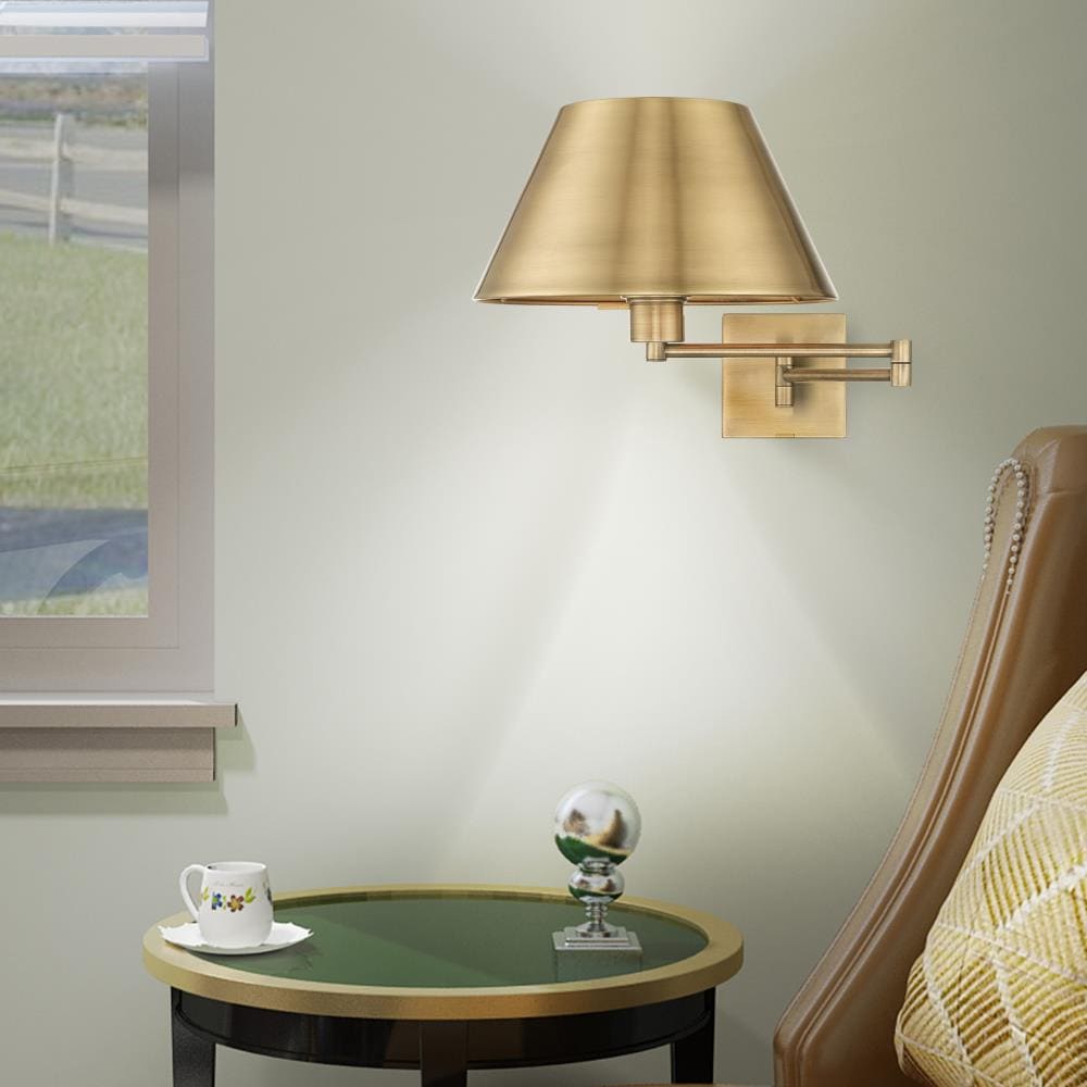 Antique Brass Swing Arm Wall Lamp with Satin Shade