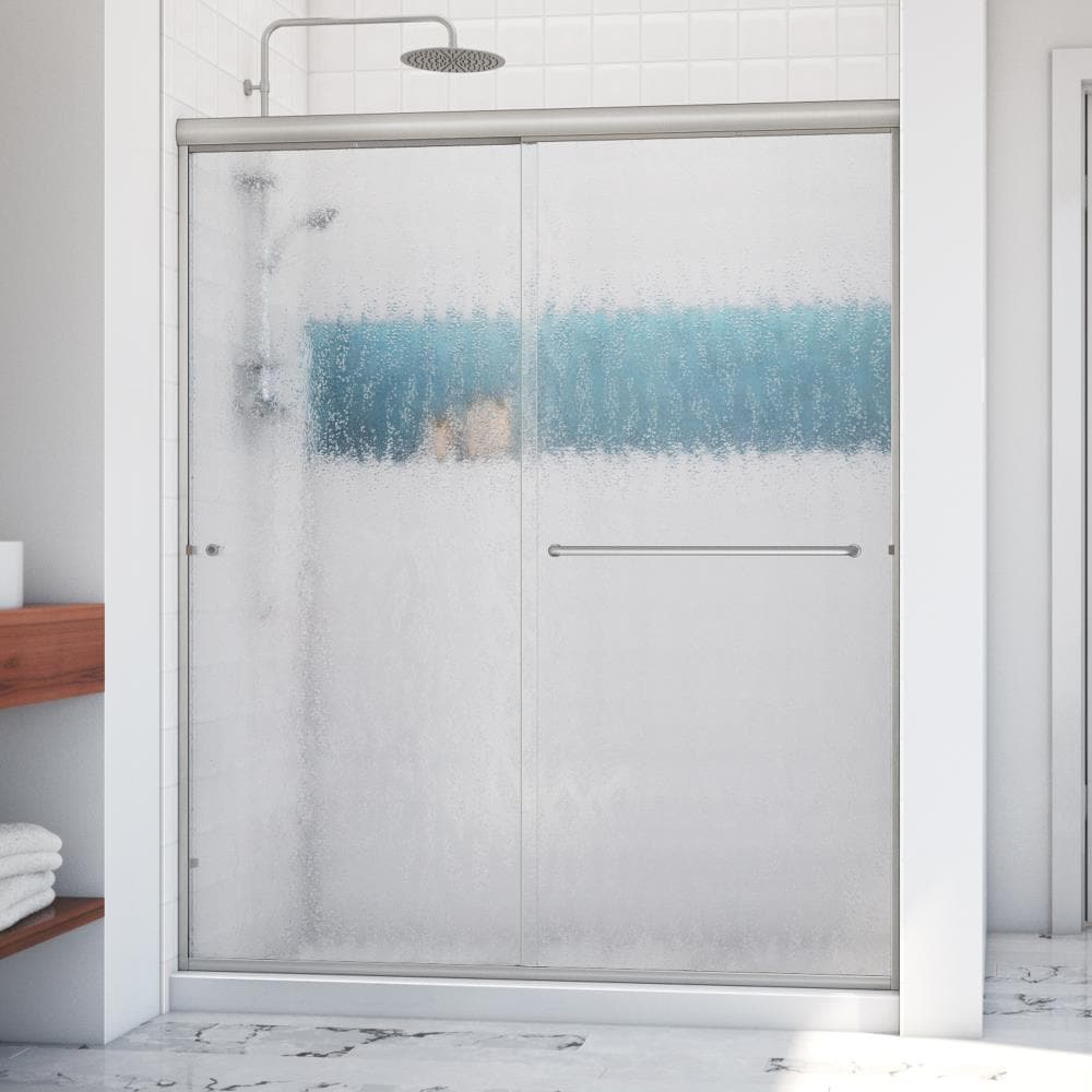 Arizona Shower Door LSER6067BNBBLL Lite-Euro recessed Brushed Nickel 56-in to 60-in W x 67.375-in H Semi-frameless Bypass Sliding Shower door 1/4-in Thick Patterned Glass