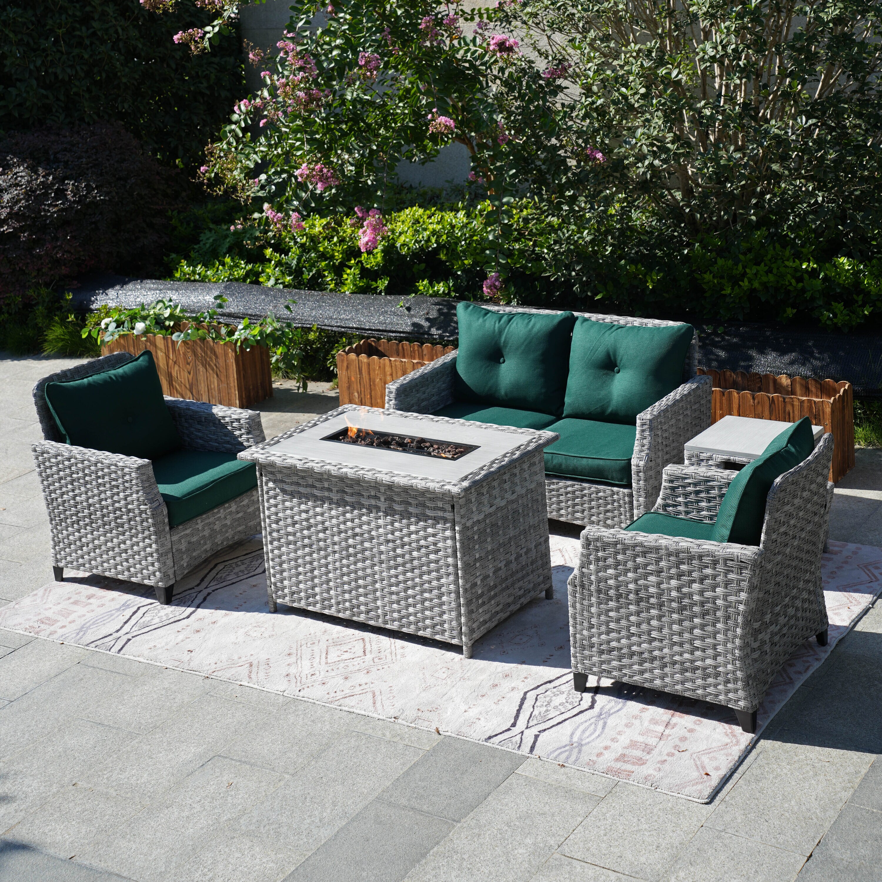 Moda Furnishings PAF-1801-H-GREEN 5 -Piece Wicker Patio Conversation Set with Green Cushions