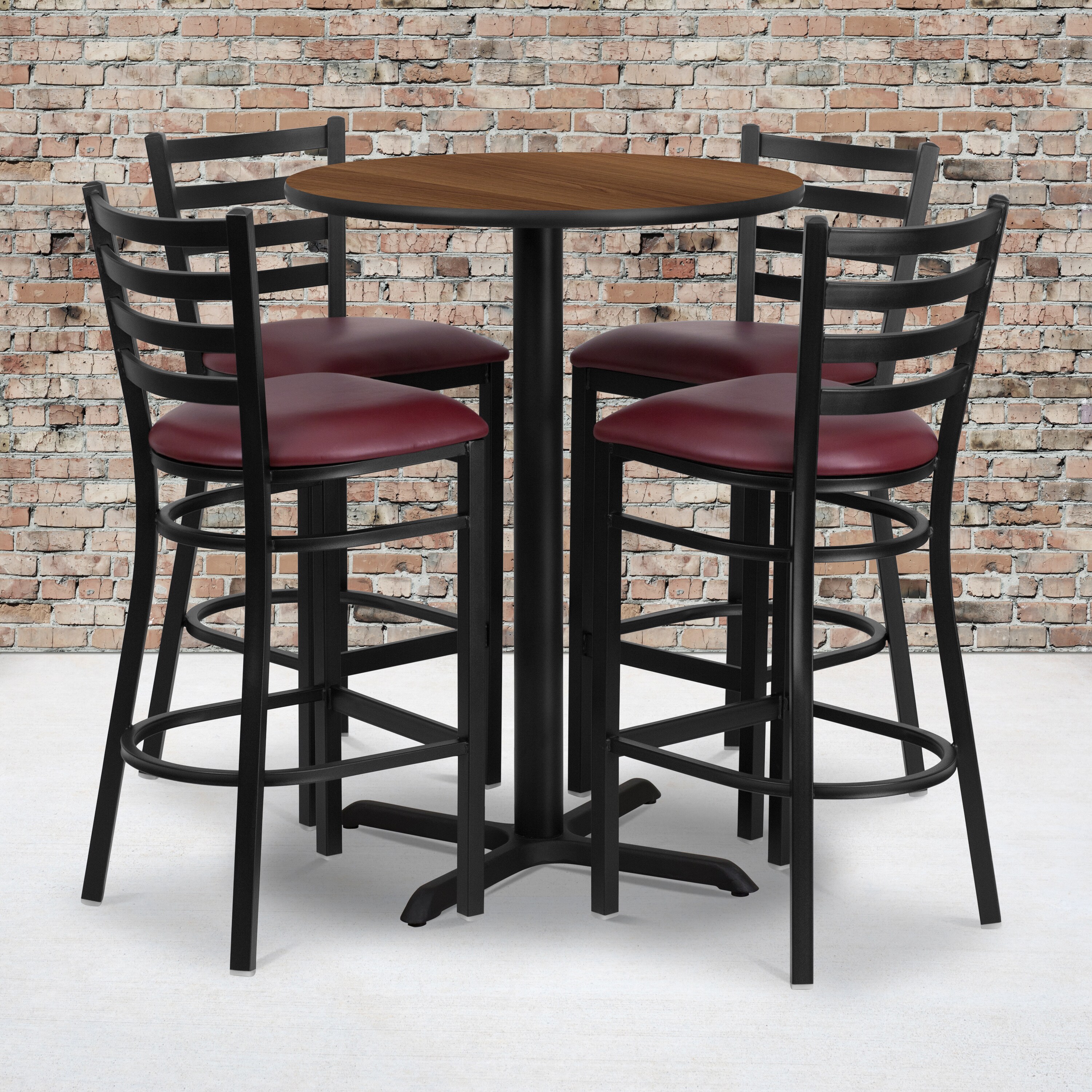 Walnut Laminate Round Pub Table Set with Burgundy Vinyl Bar Stools