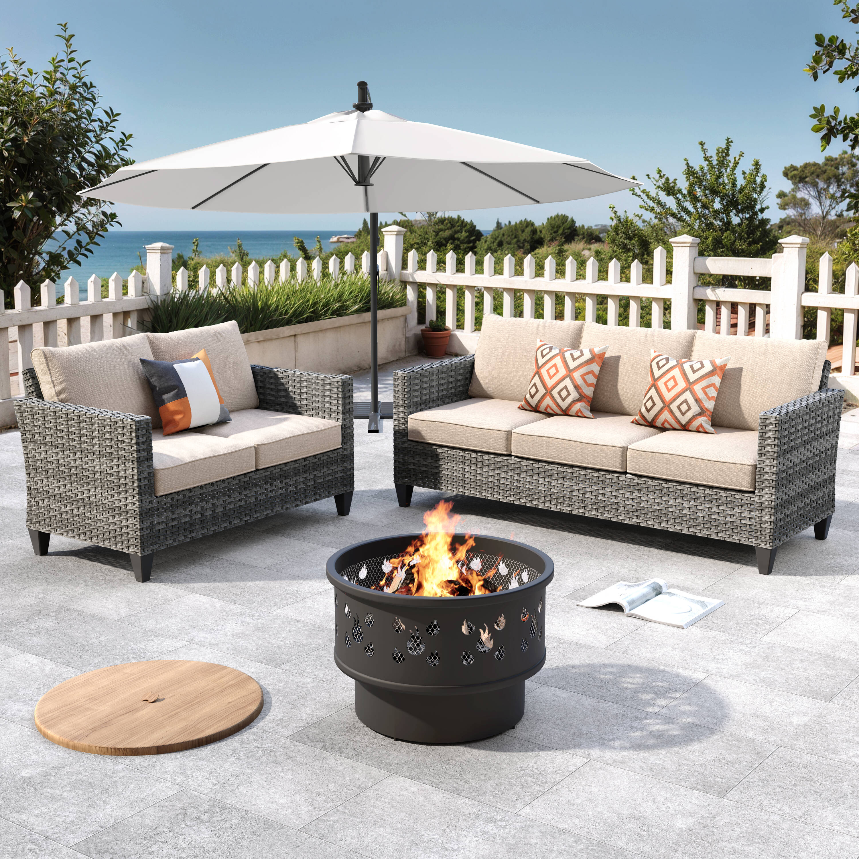 XIZZI XILV60062 Gaea Wicker Outdoor Sectional with Off-white Cushions and Wicker Frame