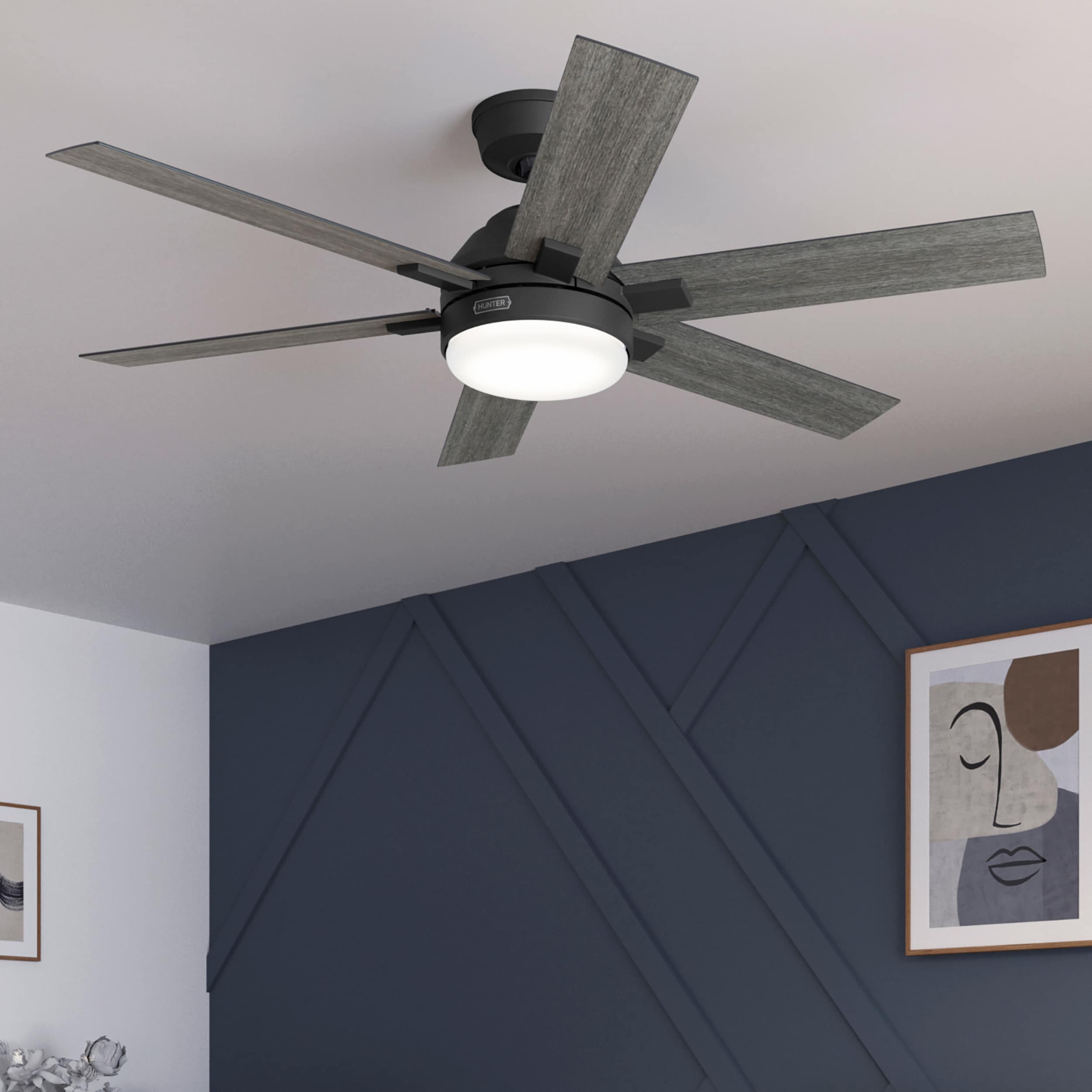 Hunter 52783 Georgetown 52-in Integrated LED Matte Black with Dark Gray Oak Blades Ceiling Fan With Light - Remote Included ( 5 -Blade )