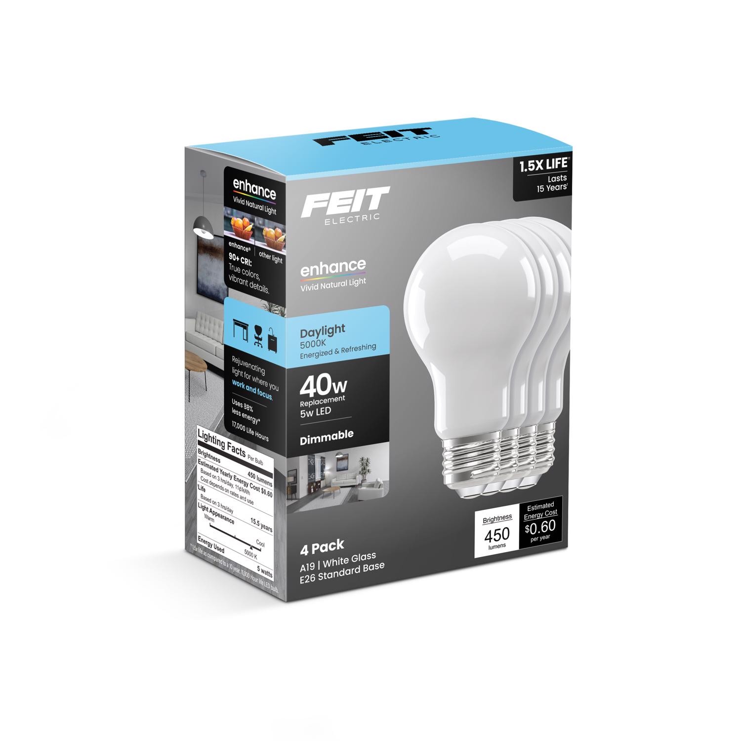 Feit Electric EJD3929726 Enhance A19 E26 Medium LED Bulb Daylight 40 Watt Equivalence 4 pk